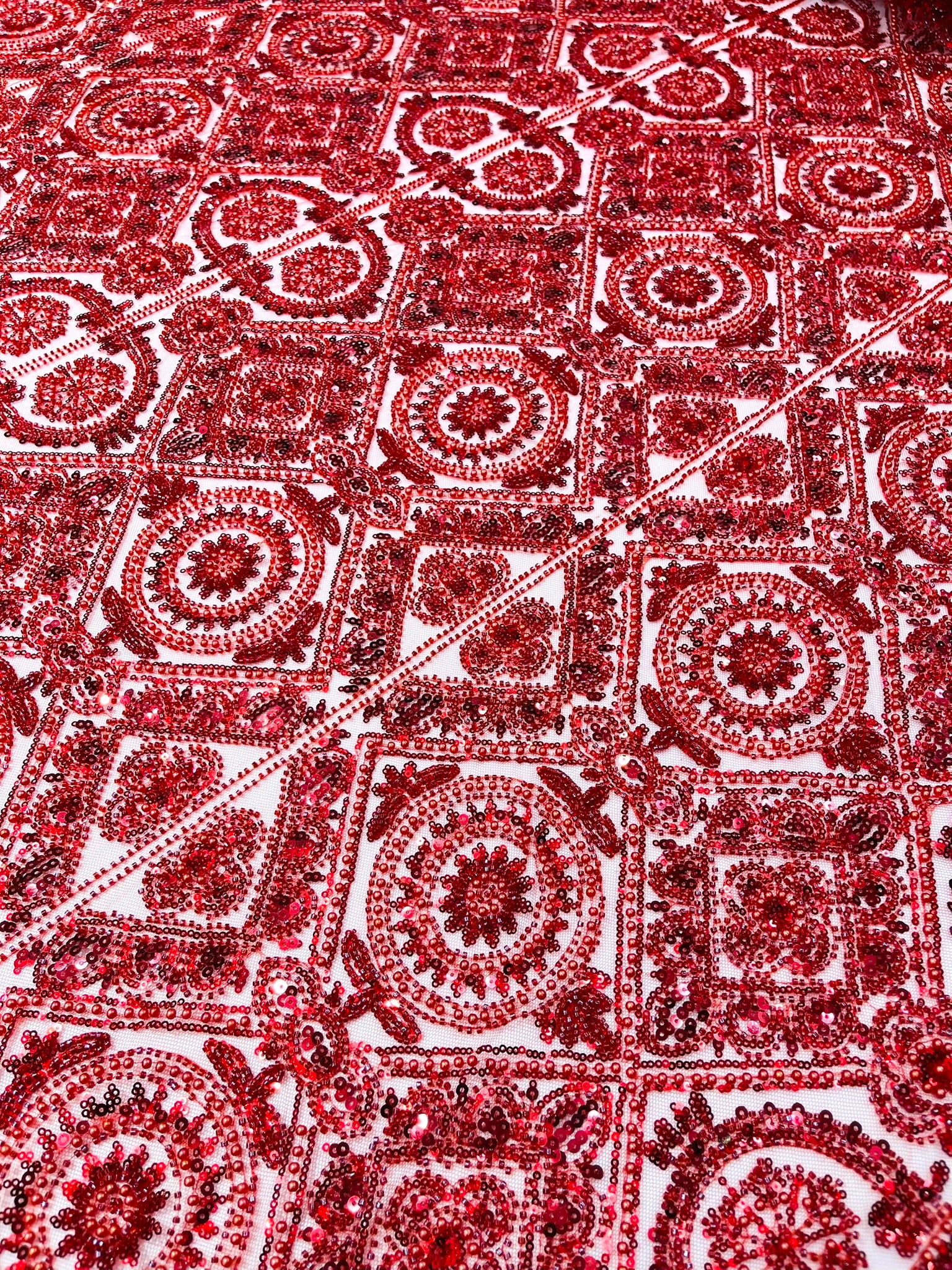 Geometric Beaded Lace Fabric, Heavy Embroidered Design on 58" Mesh for Dresses