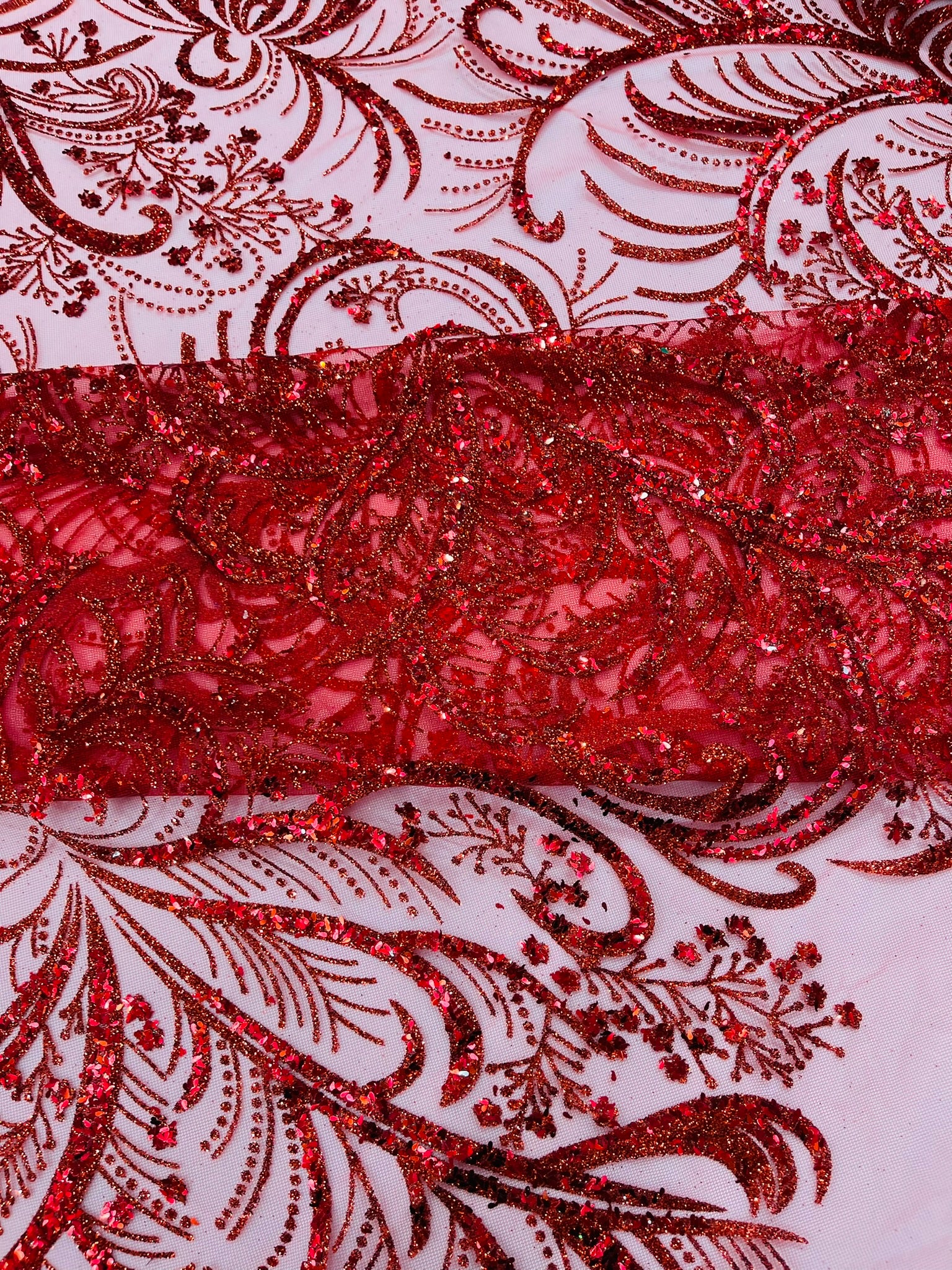 Palm Glitter Vine Design On A Mesh Lace Fabric 58"' Wide Prom.
