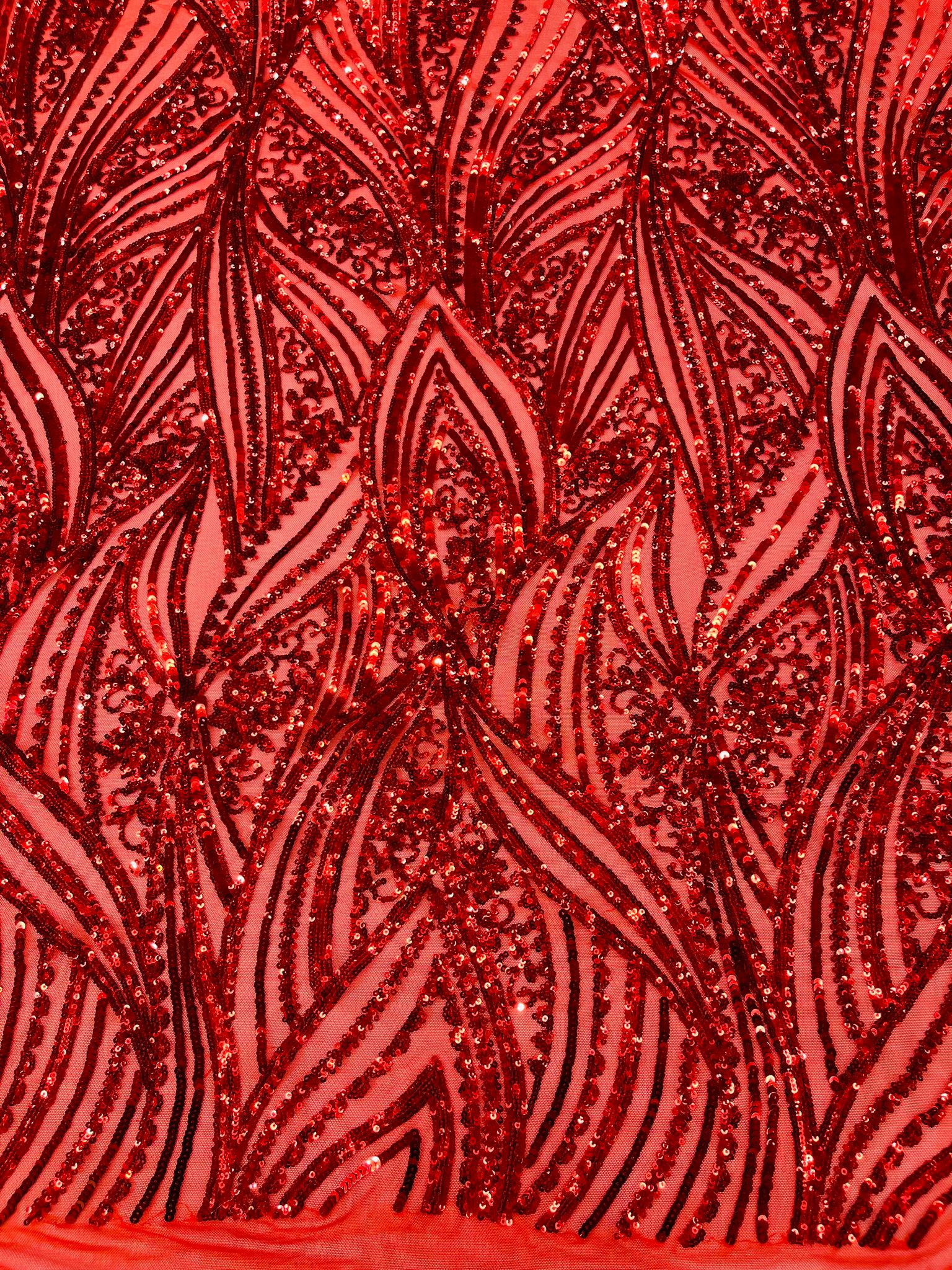 Geometric Feather wing shiny sequin design on a 4 way stretch mesh Fabric-prom-sold by the yard.