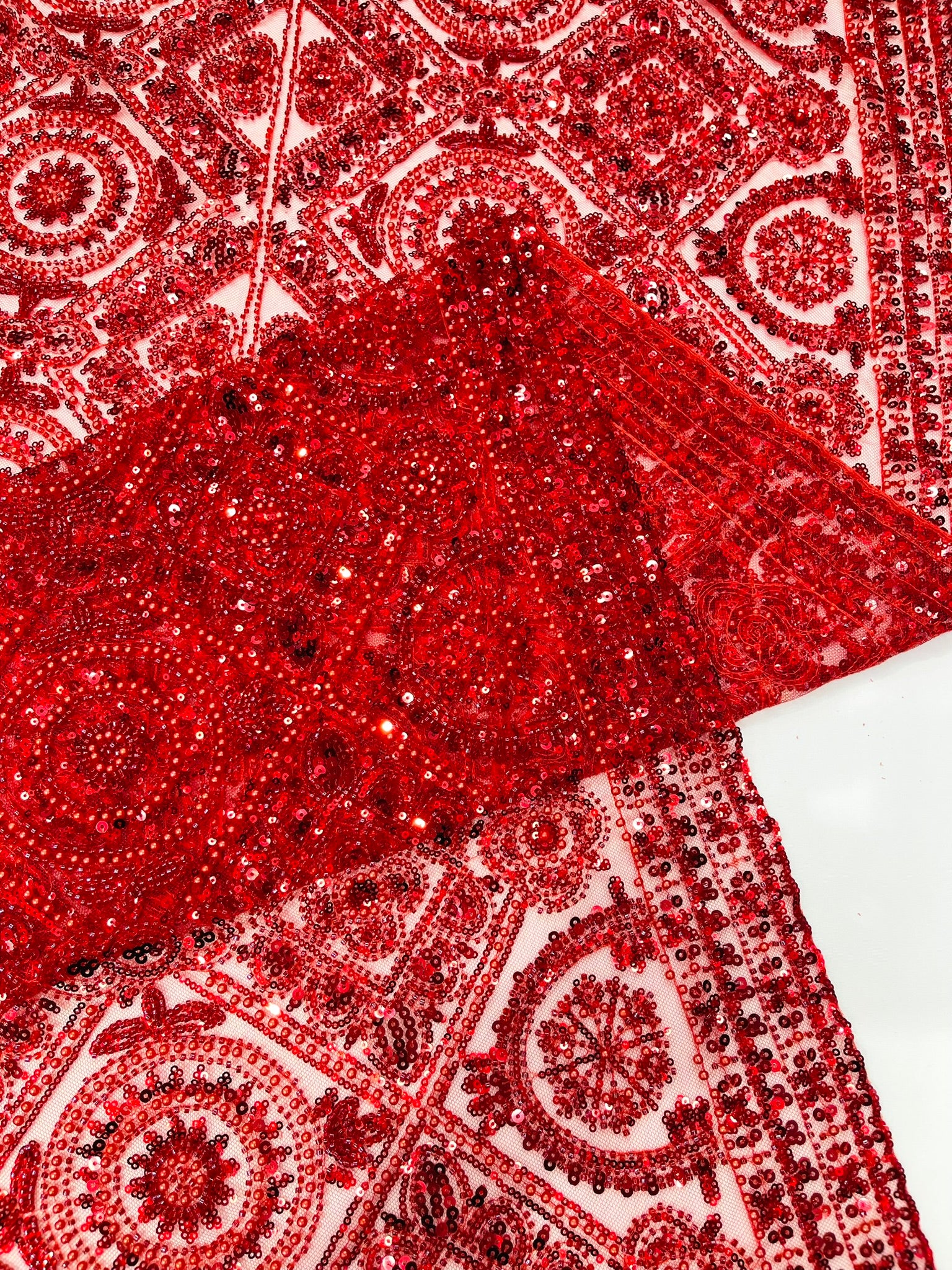 Geometric Beaded Lace Fabric, Heavy Embroidered Design on 58" Mesh for Dresses