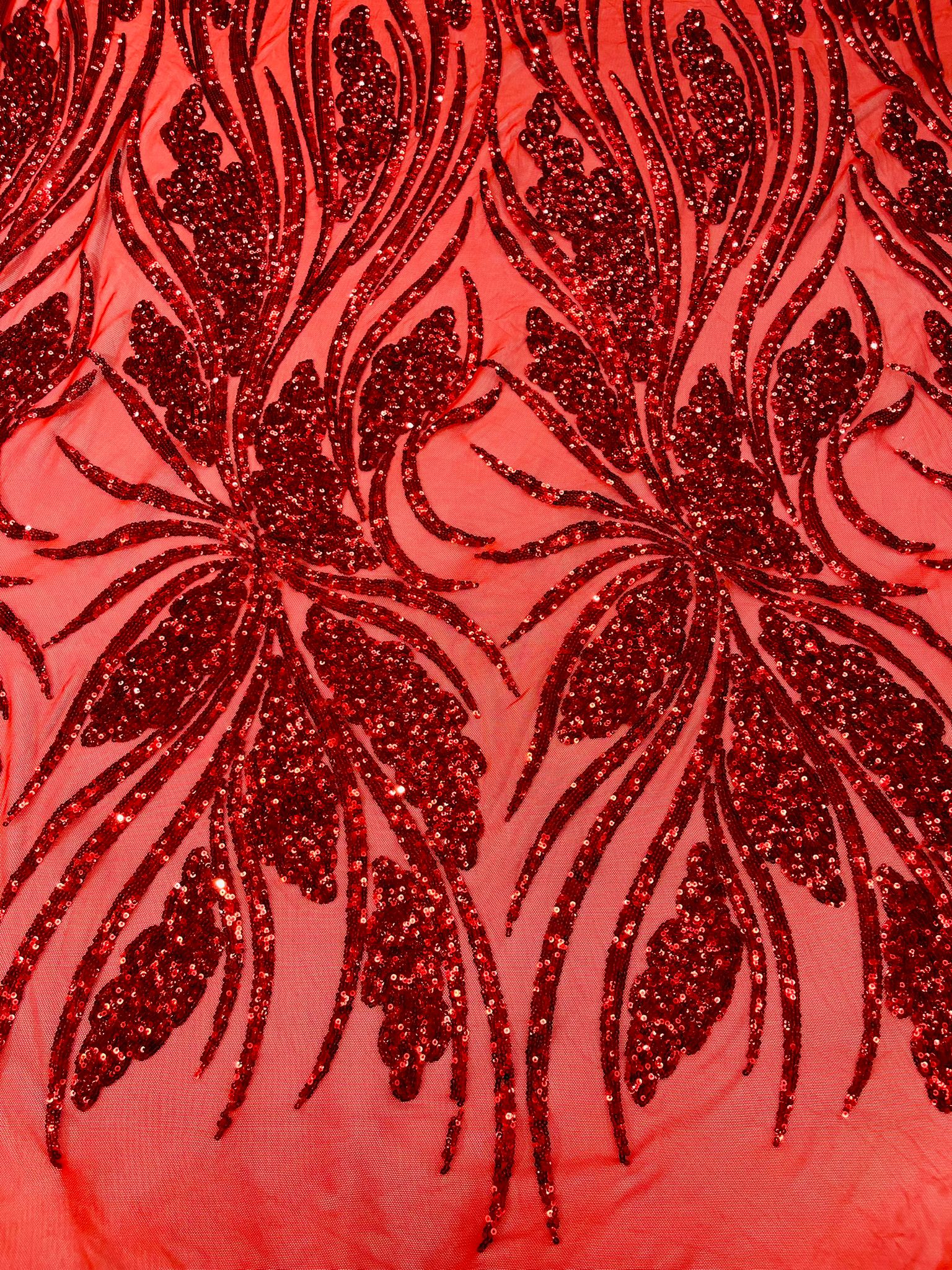 Feather damask shiny sequin design on a 4 way stretch White mesh Fabric-prom-sold by the yard.