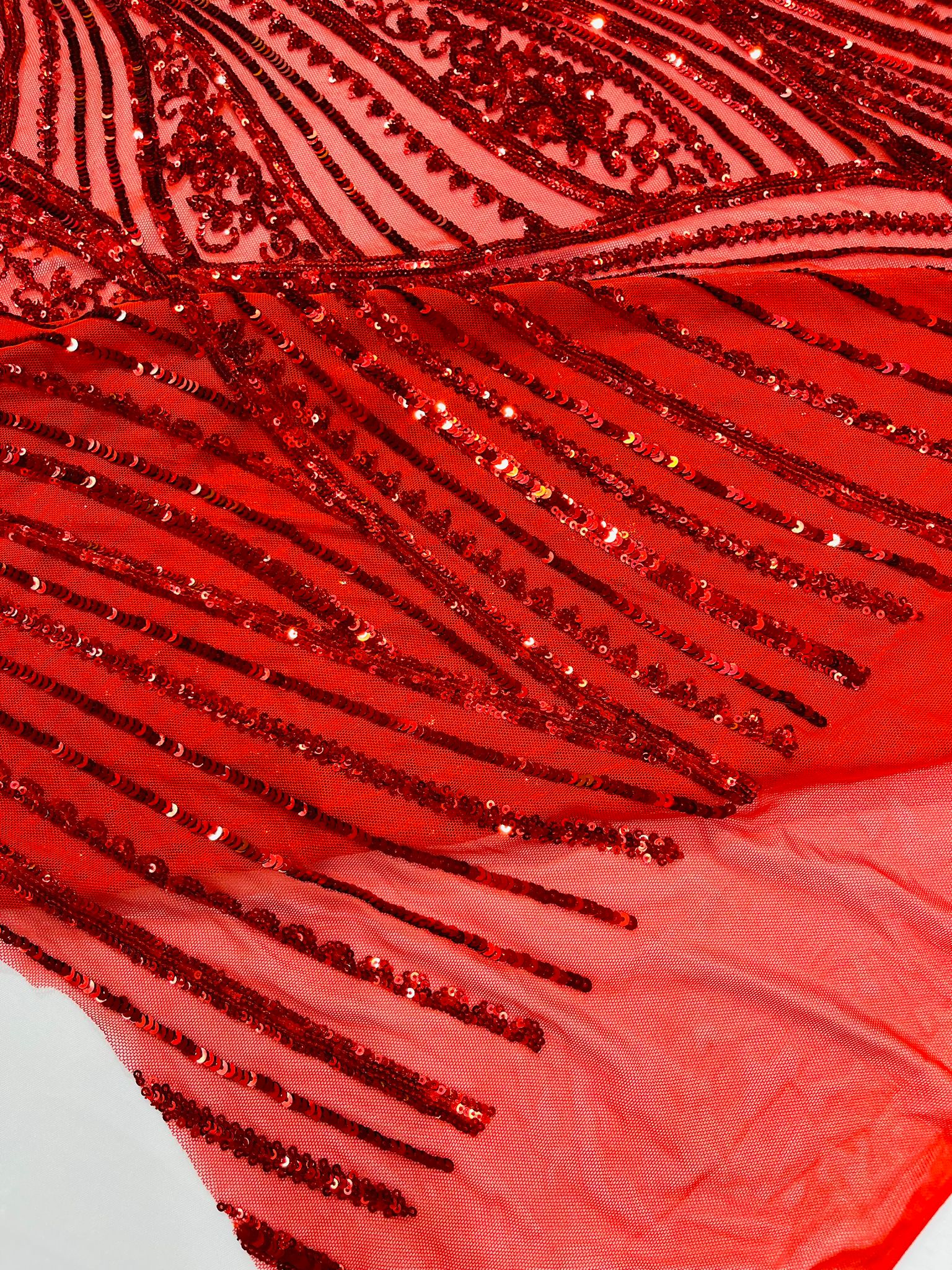 Geometric Feather wing shiny sequin design on a 4 way stretch mesh Fabric-prom-sold by the yard.