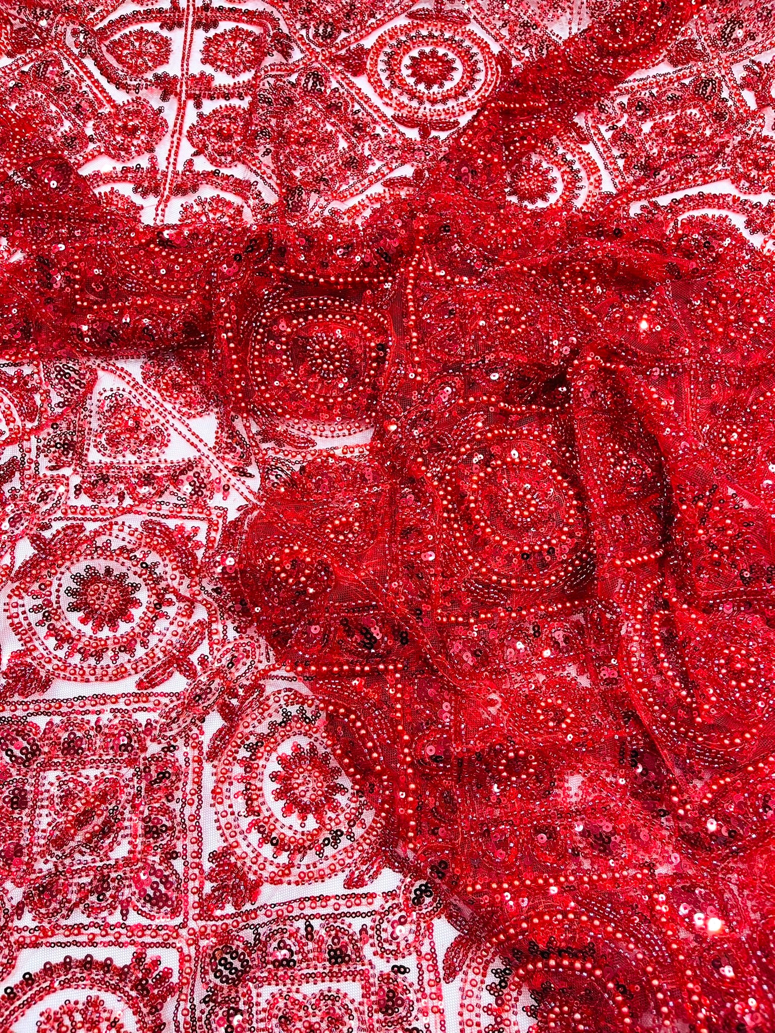 Geometric Beaded Lace Fabric, Heavy Embroidered Design on 58" Mesh for Dresses
