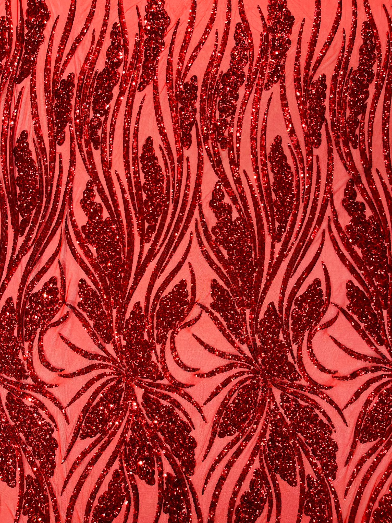 Feather damask shiny sequin design on a 4 way stretch White mesh Fabric-prom-sold by the yard.