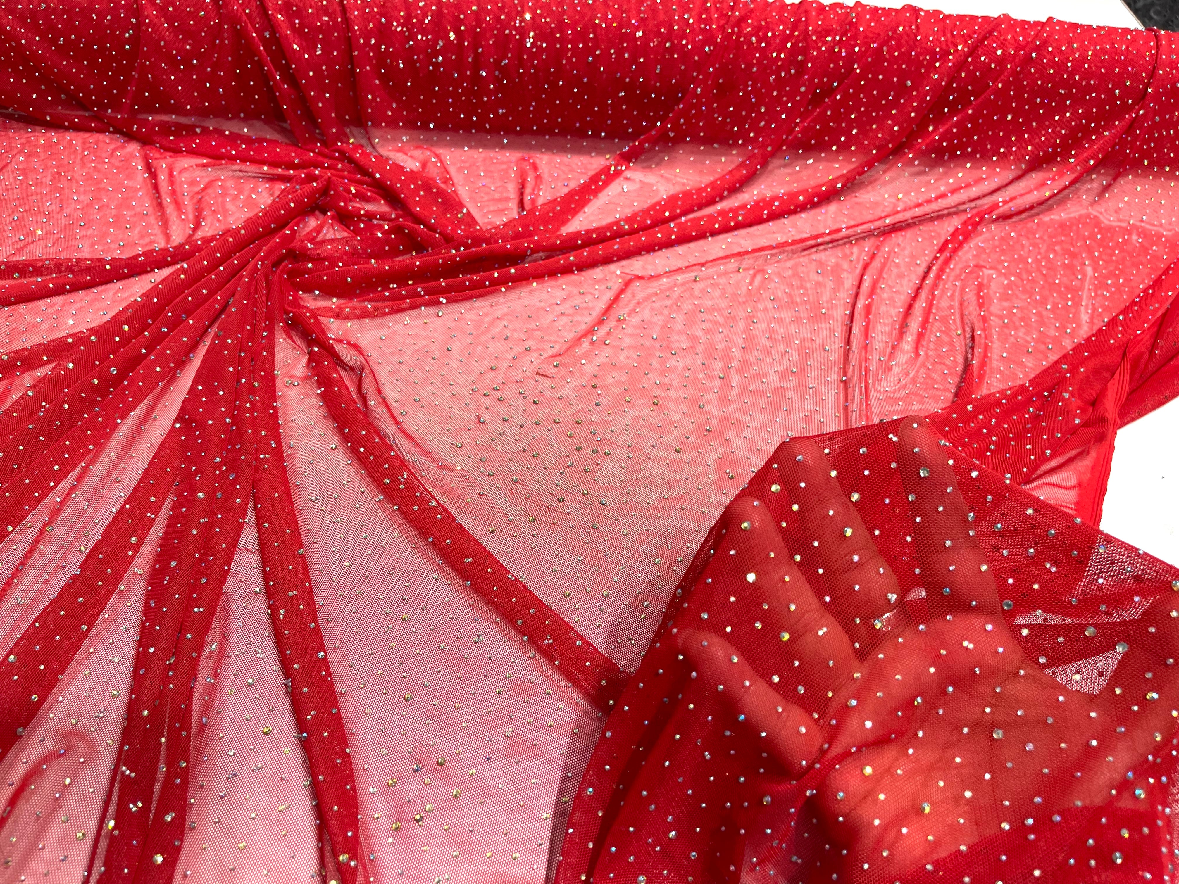 Sheer All Over AB Rhinestones On Stretch Power Mesh Fabric, Sold by The Yard. Active