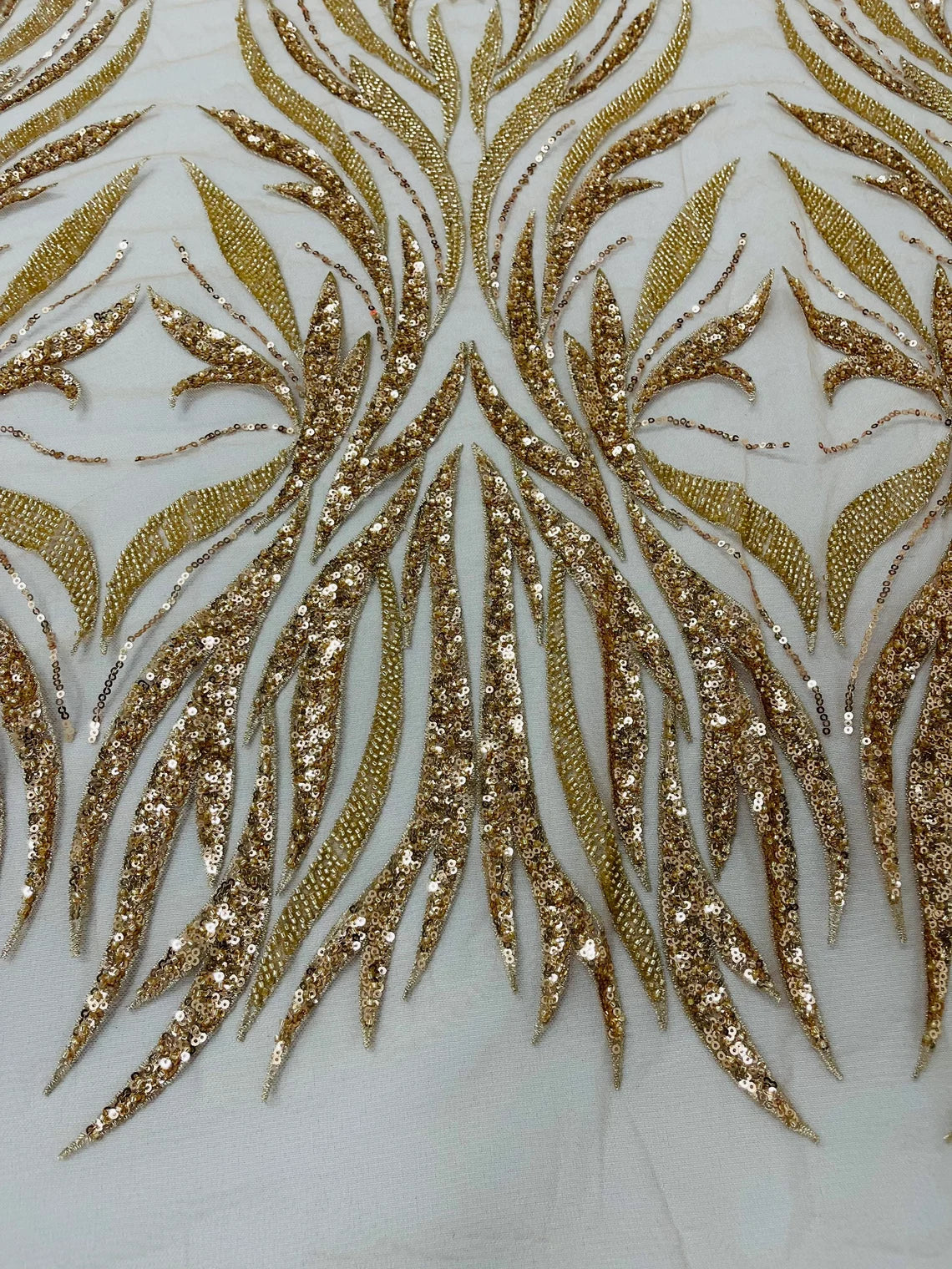 Fancy Wave Plant Beaded Fabric - Rose Gold - Embroidered Beaded Plant Wavy Design Fabric By Yard