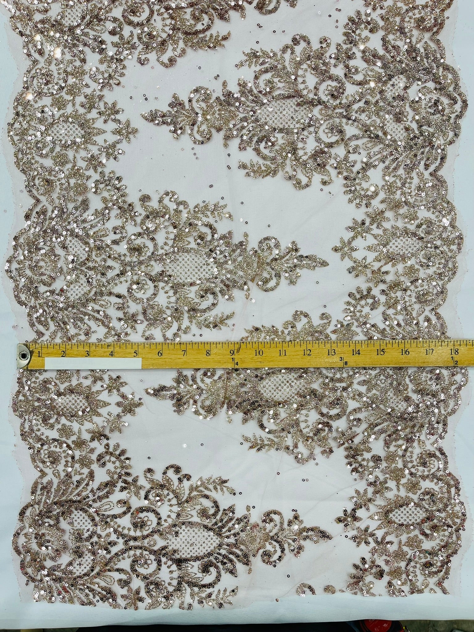 20" Wide Trim Glitter Damask Design On A Mesh Lace| Sold by the yard