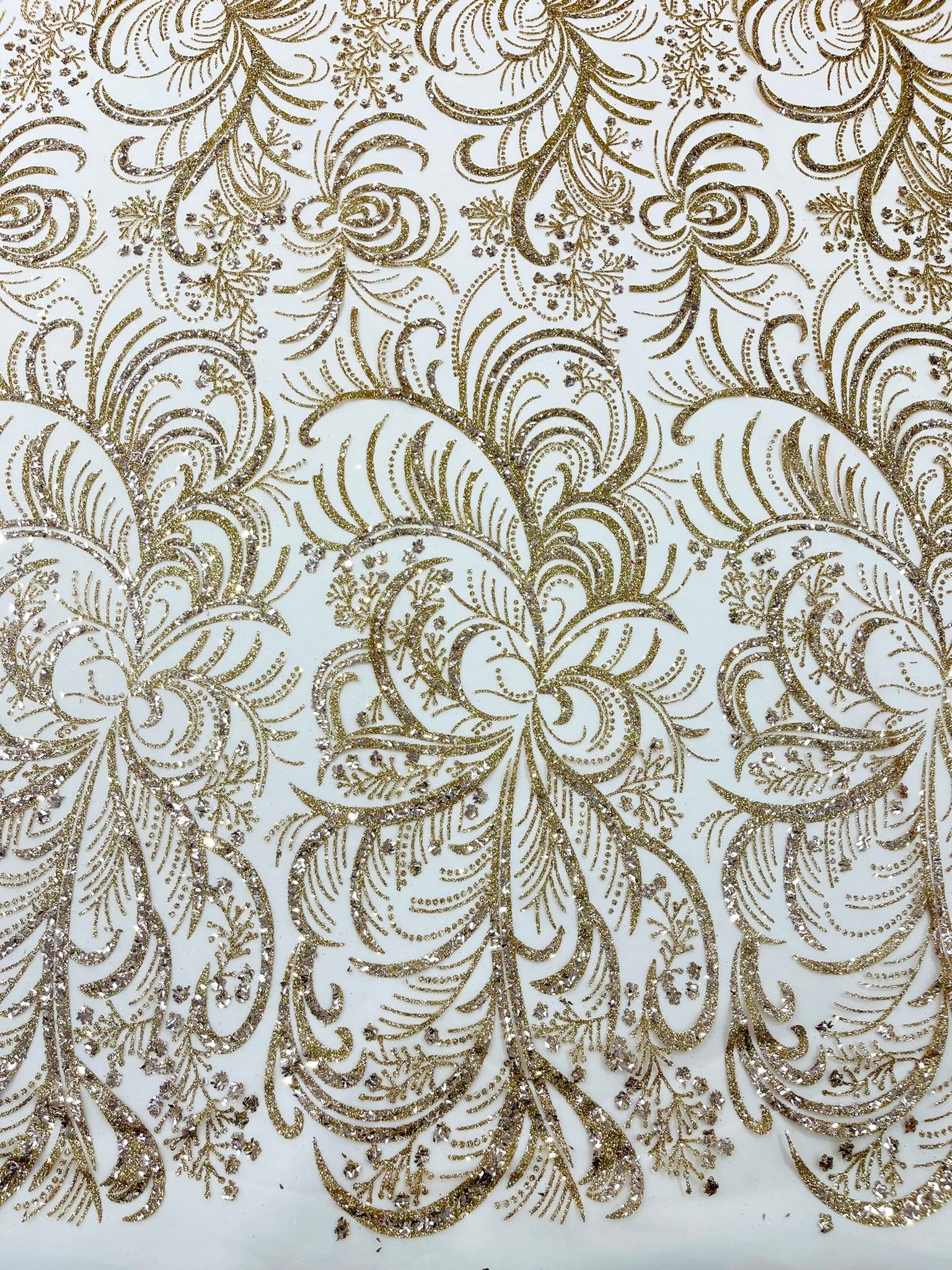 Palm Glitter Vine Design On A Mesh Lace Fabric 58"' Wide Prom.