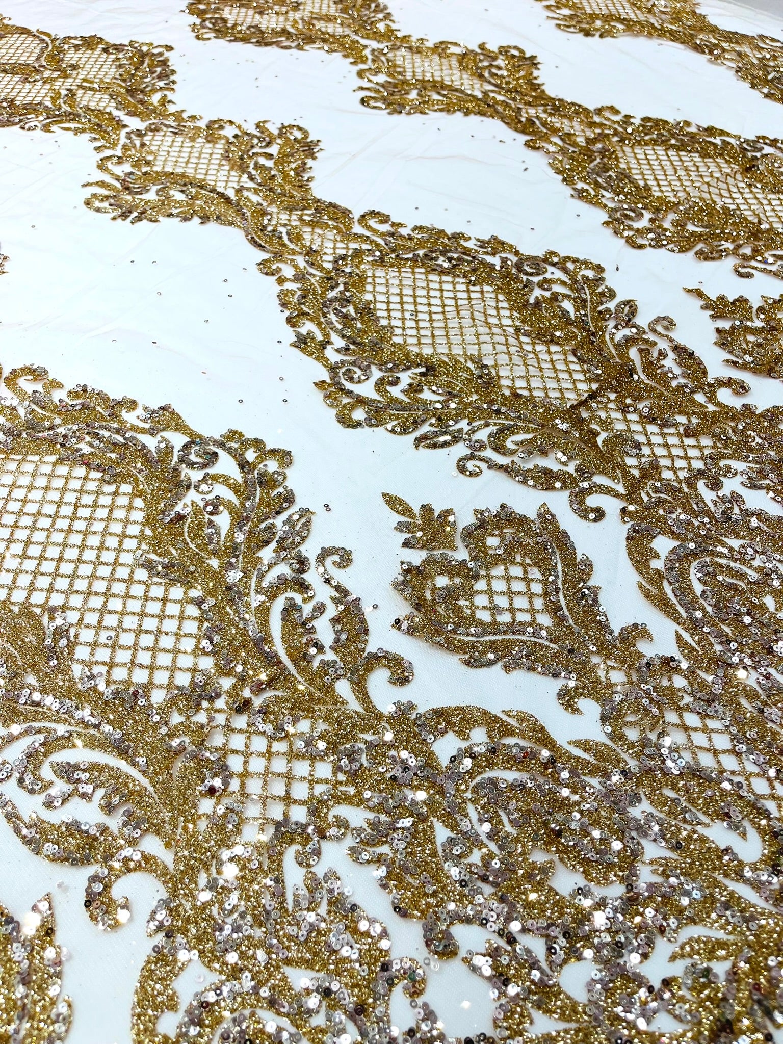 Glitter Tower Damask Design Fabric| 58” Wide| Quinsiañera Dresses.