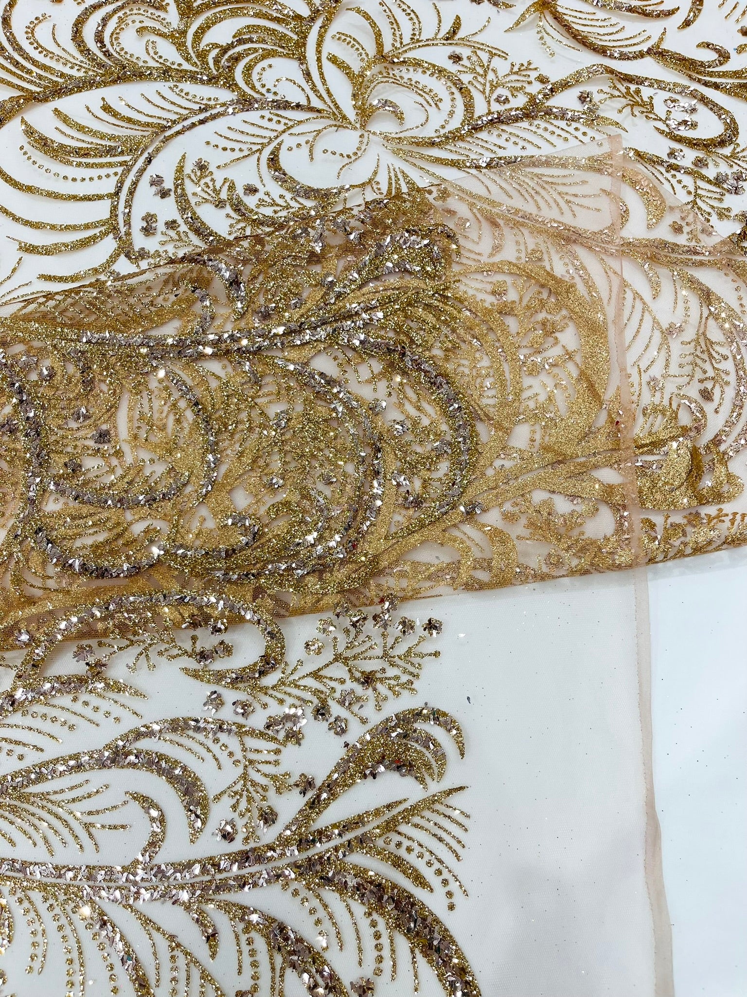 Palm Glitter Vine Design On A Mesh Lace Fabric 58"' Wide Prom.