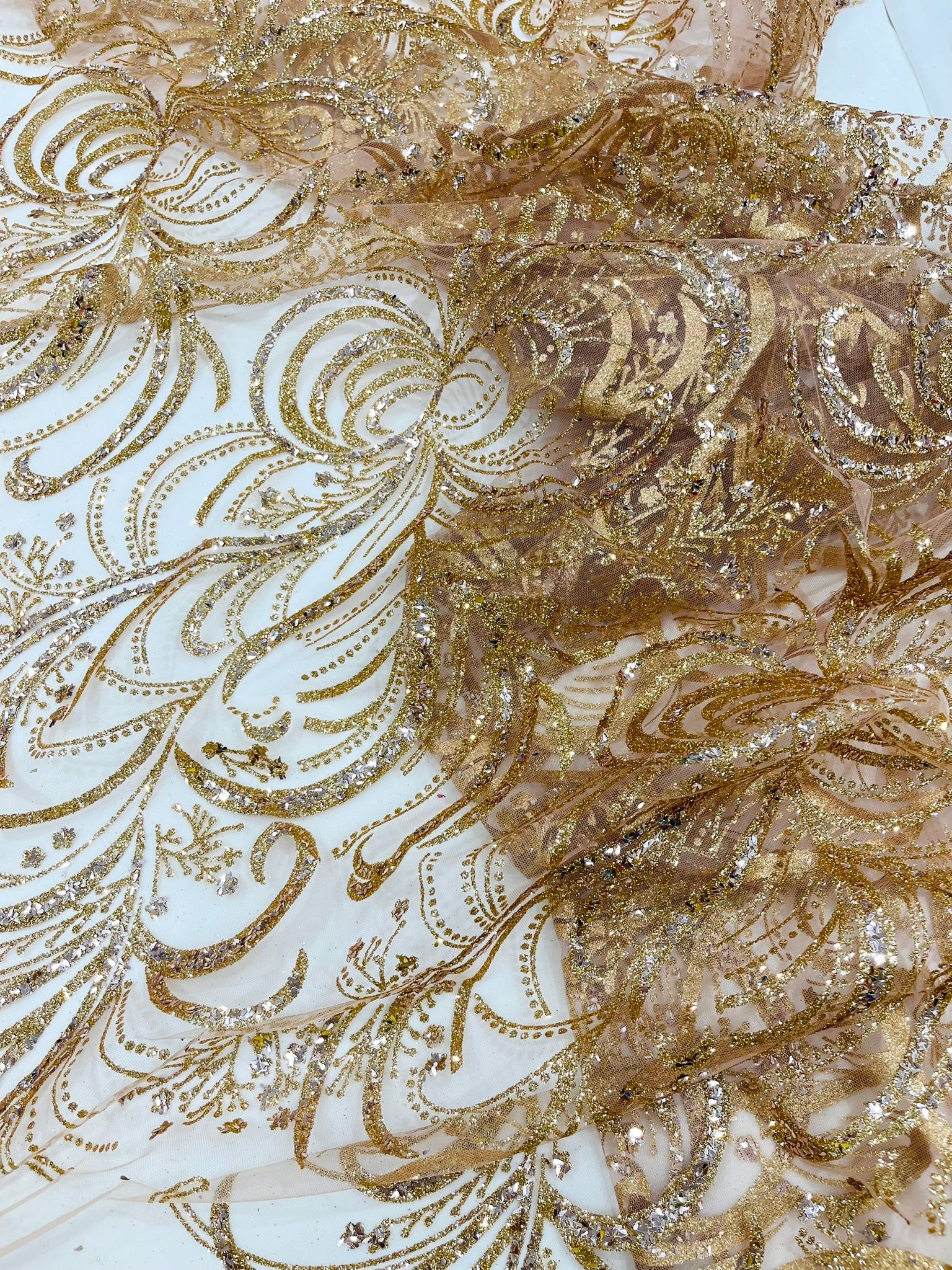 Palm Glitter Vine Design On A Mesh Lace Fabric 58"' Wide Prom.
