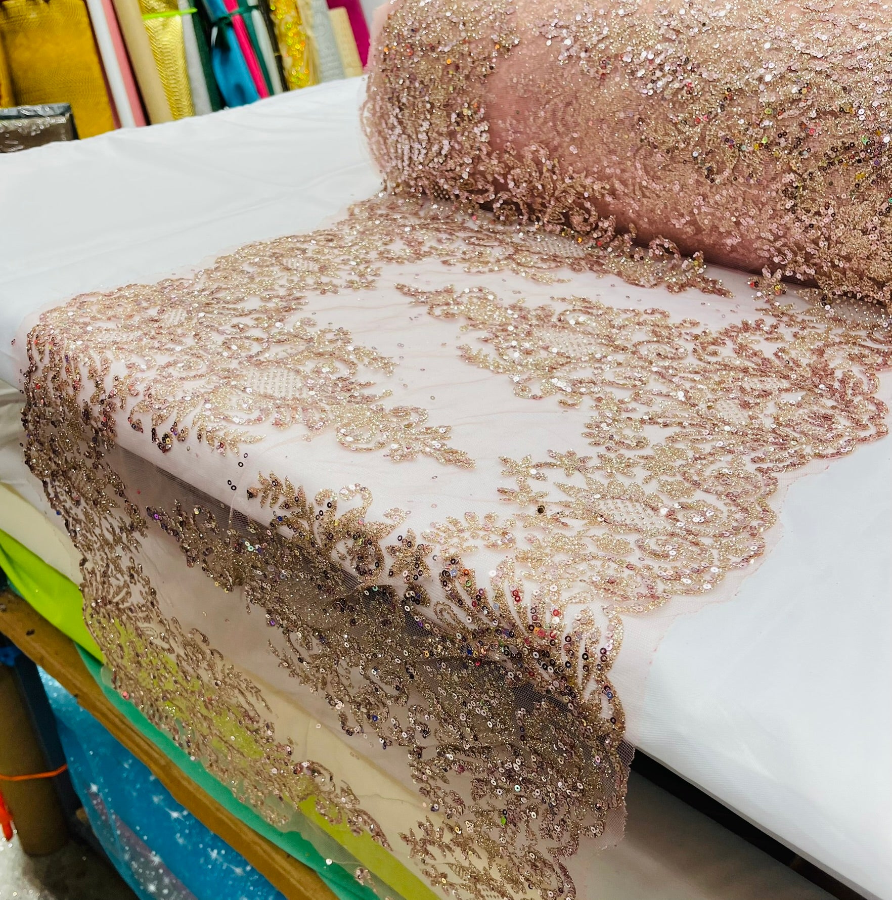 20" Wide Trim Glitter Damask Design On A Mesh Lace| Table Runner