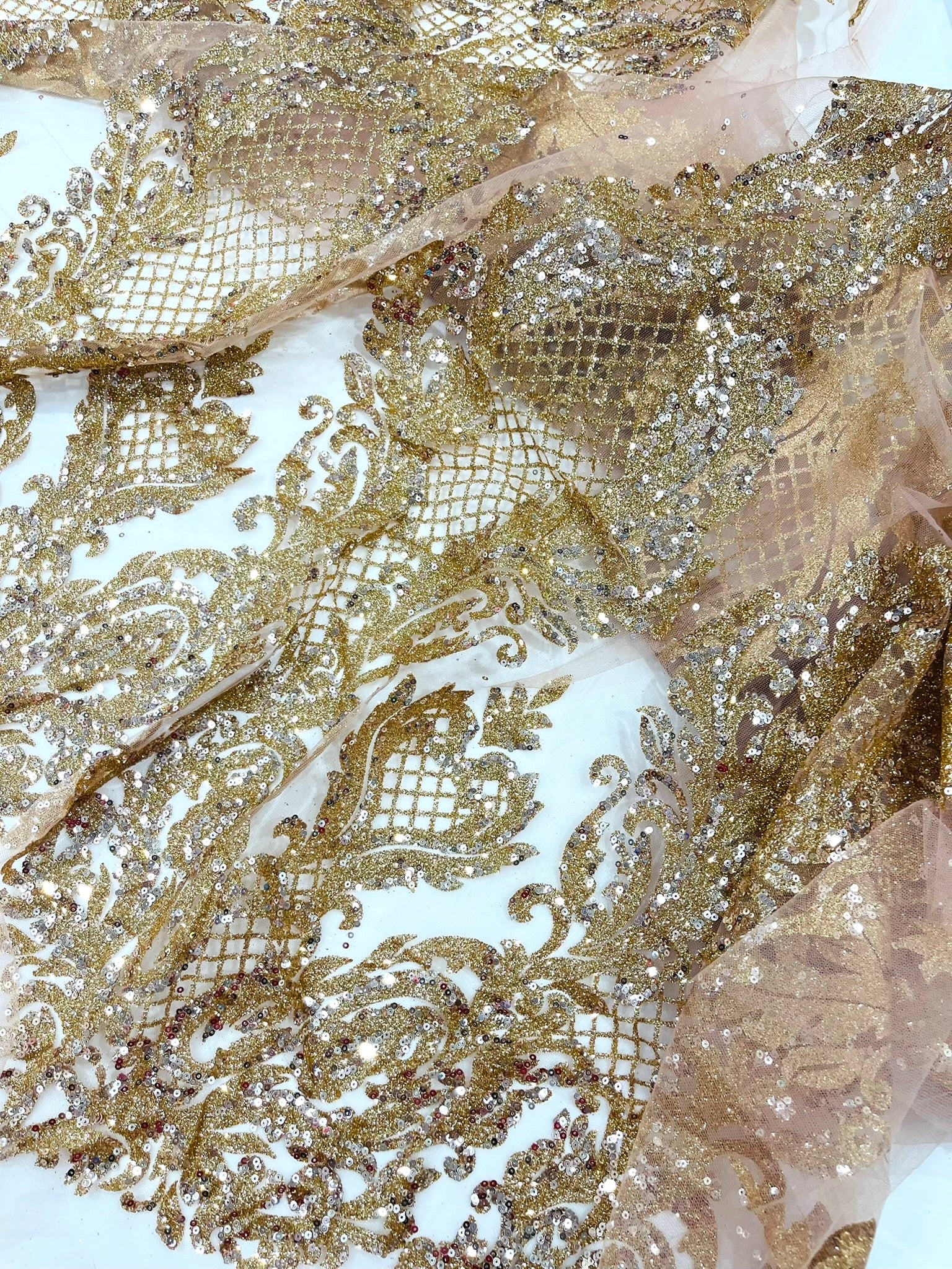 Glitter Tower Damask Design Fabric| 58” Wide| Quinsiañera Dresses.