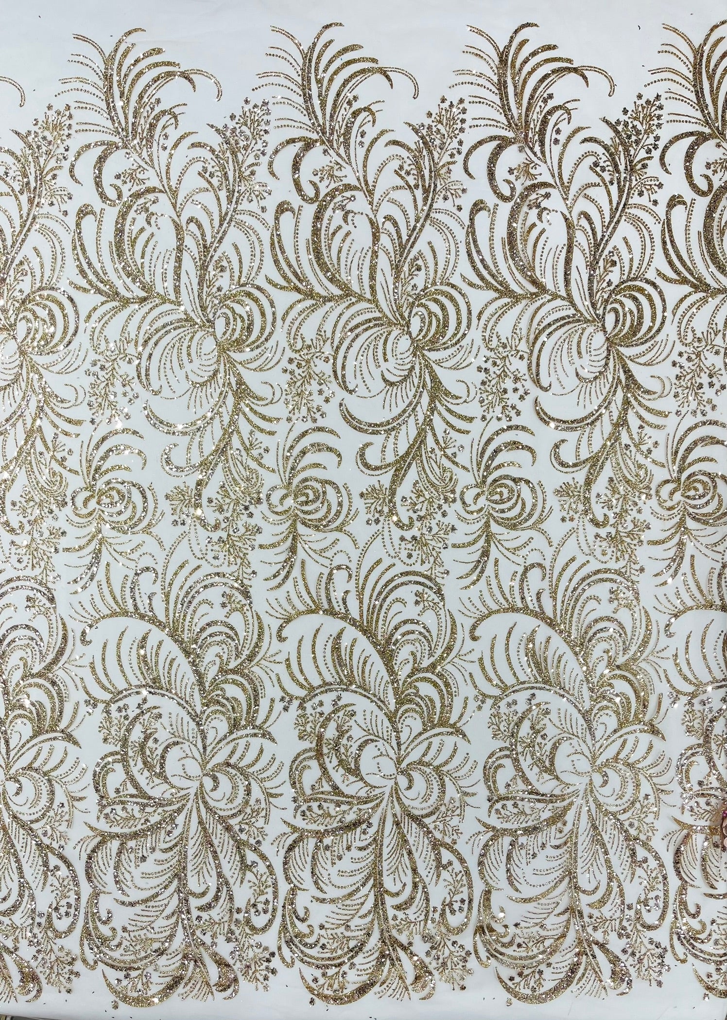 Palm Glitter Vine Design On A Mesh Lace Fabric 58"' Wide Prom.