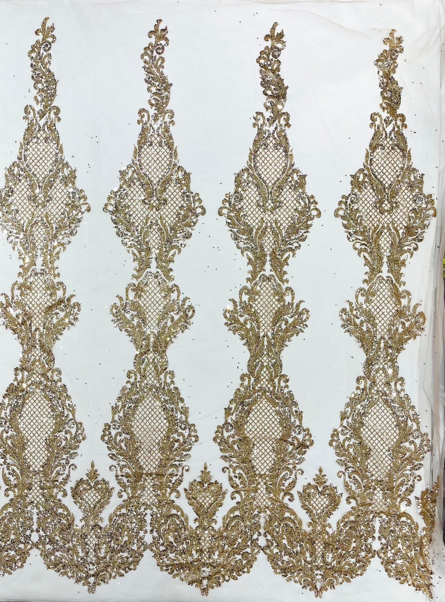 Glitter Tower Damask Design Fabric| 58” Wide| Quinsiañera Dresses.