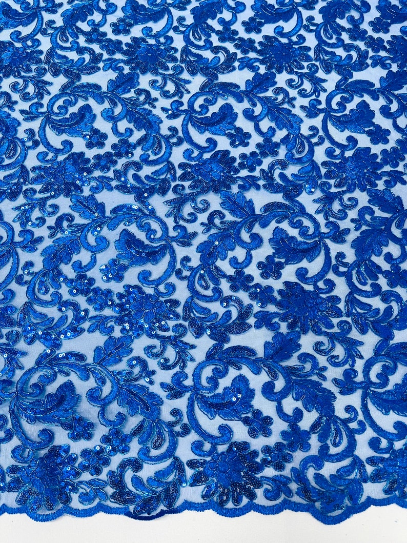 Flower Lace Sequins Corded Fabric - Royal Blue - Embroidery Floral Design Lace Fabric By Yard