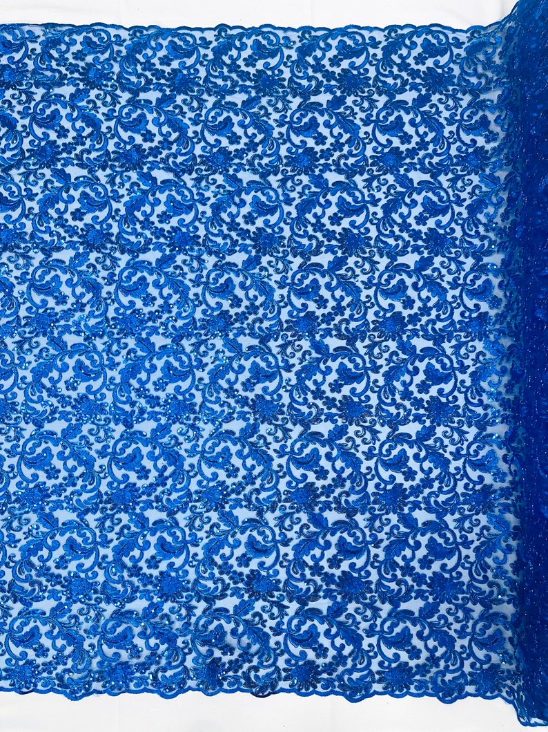 Flower Lace Sequins Corded Fabric - Royal Blue - Embroidery Floral Design Lace Fabric By Yard