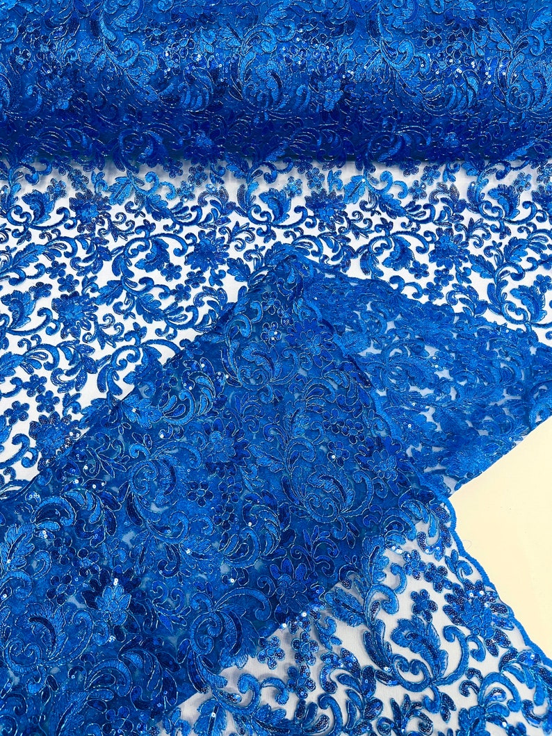 Flower Lace Sequins Corded Fabric - Royal Blue - Embroidery Floral Design Lace Fabric By Yard