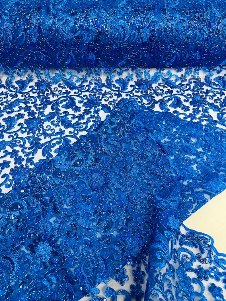 Flower Lace Sequins Corded Fabric - Royal Blue - Embroidery Floral Design Lace Fabric By Yard