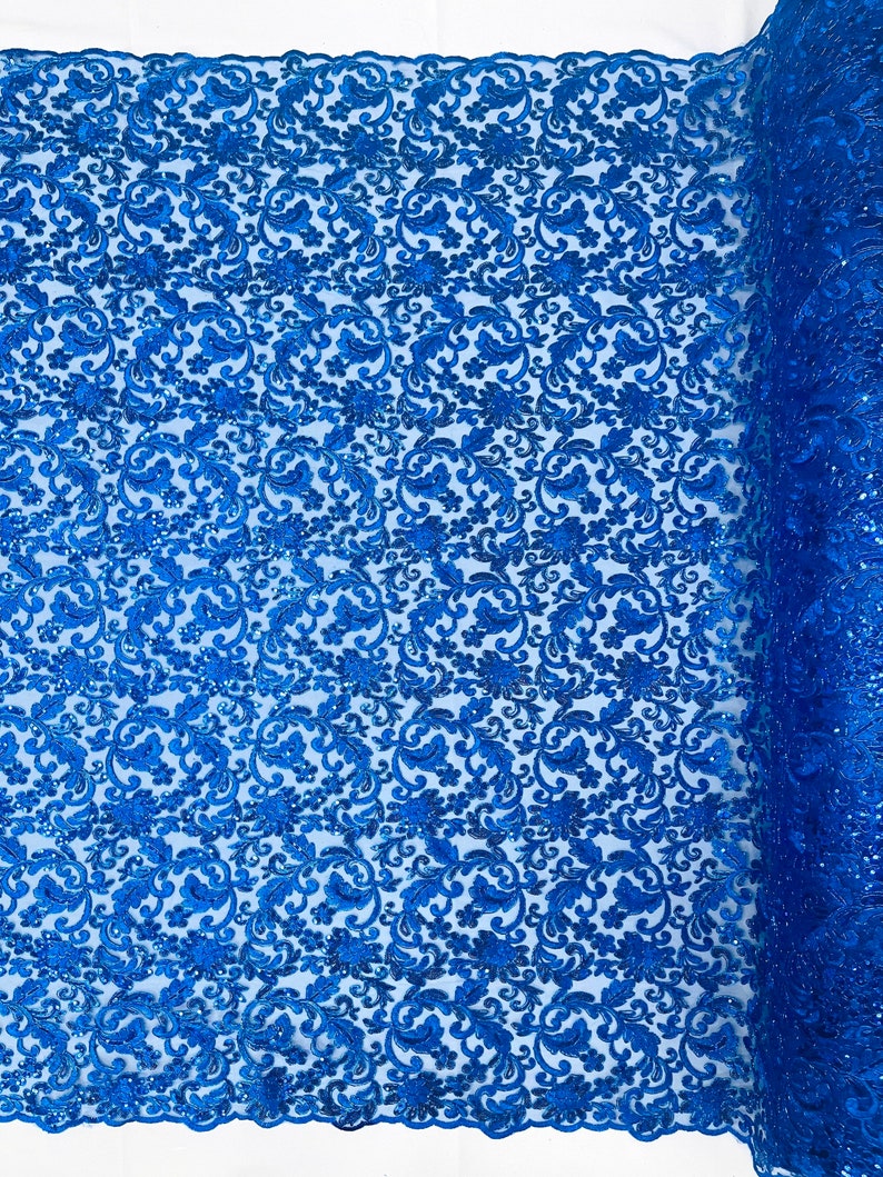 Flower Lace Sequins Corded Fabric - Royal Blue - Embroidery Floral Design Lace Fabric By Yard