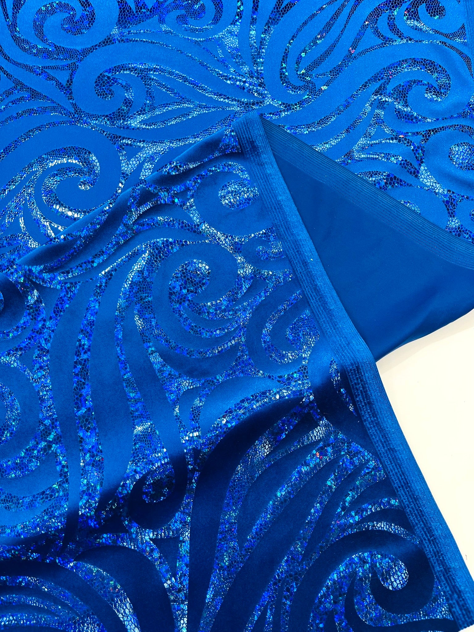 Holographic Foil Tribal Flame Design On A Stretch Velvet Fabric. Sold By The Yard