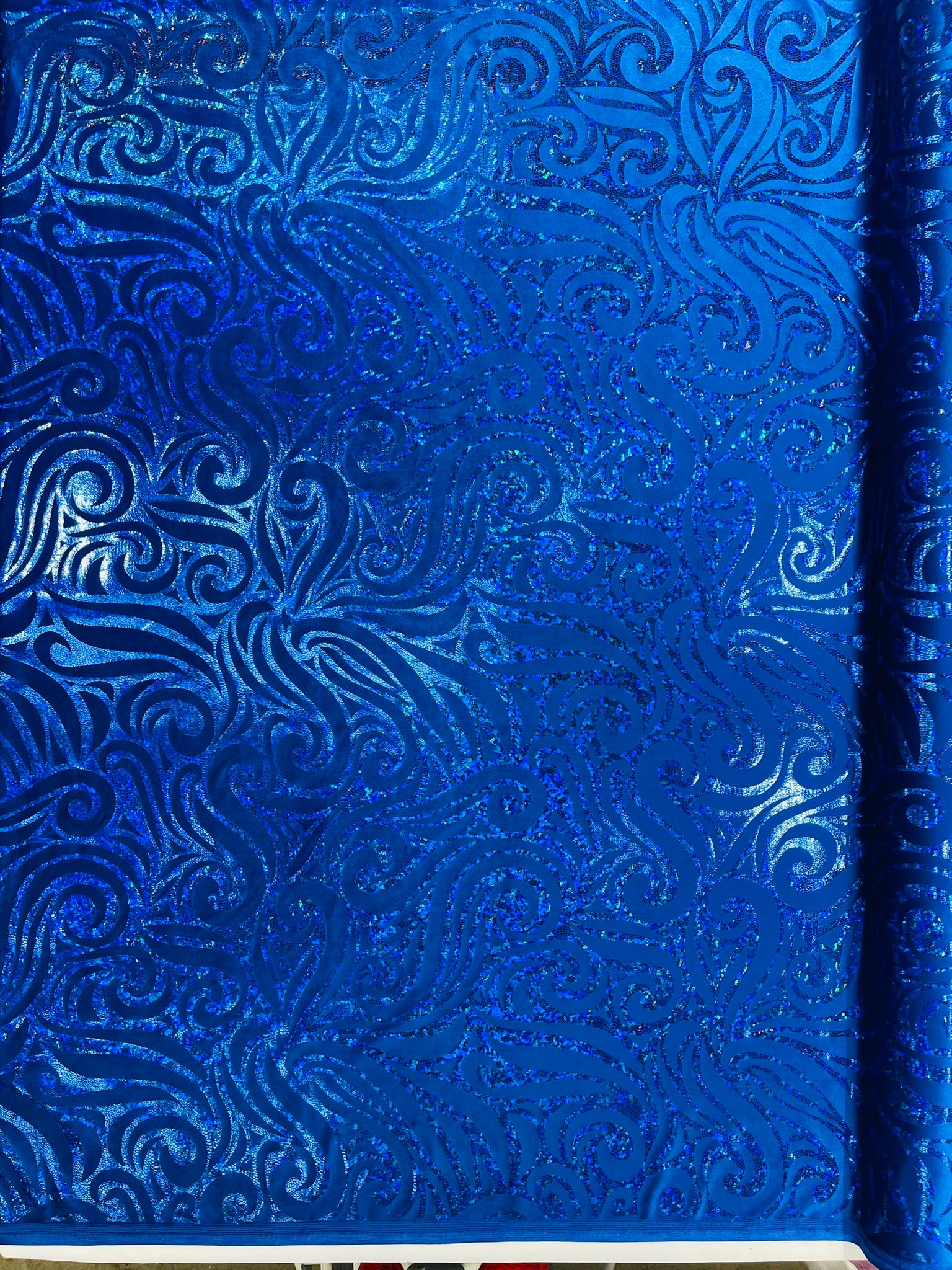 Holographic Foil Tribal Flame Design On A Stretch Velvet Fabric. Sold By The Yard