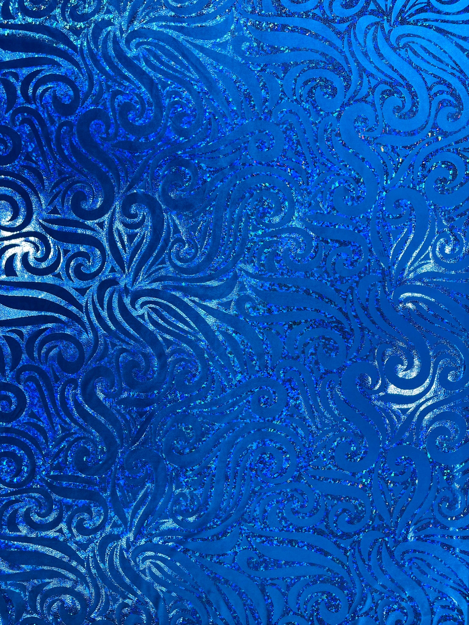 Holographic Foil Tribal Flame Design On A Stretch Velvet Fabric. Sold By The Yard