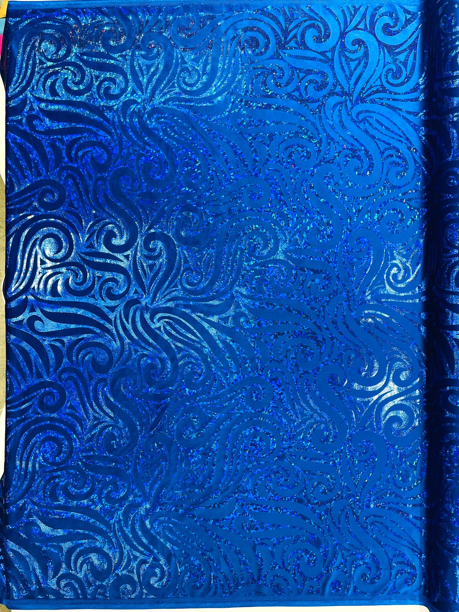 Holographic Foil Tribal Flame Design On A Stretch Velvet Fabric. Sold By The Yard