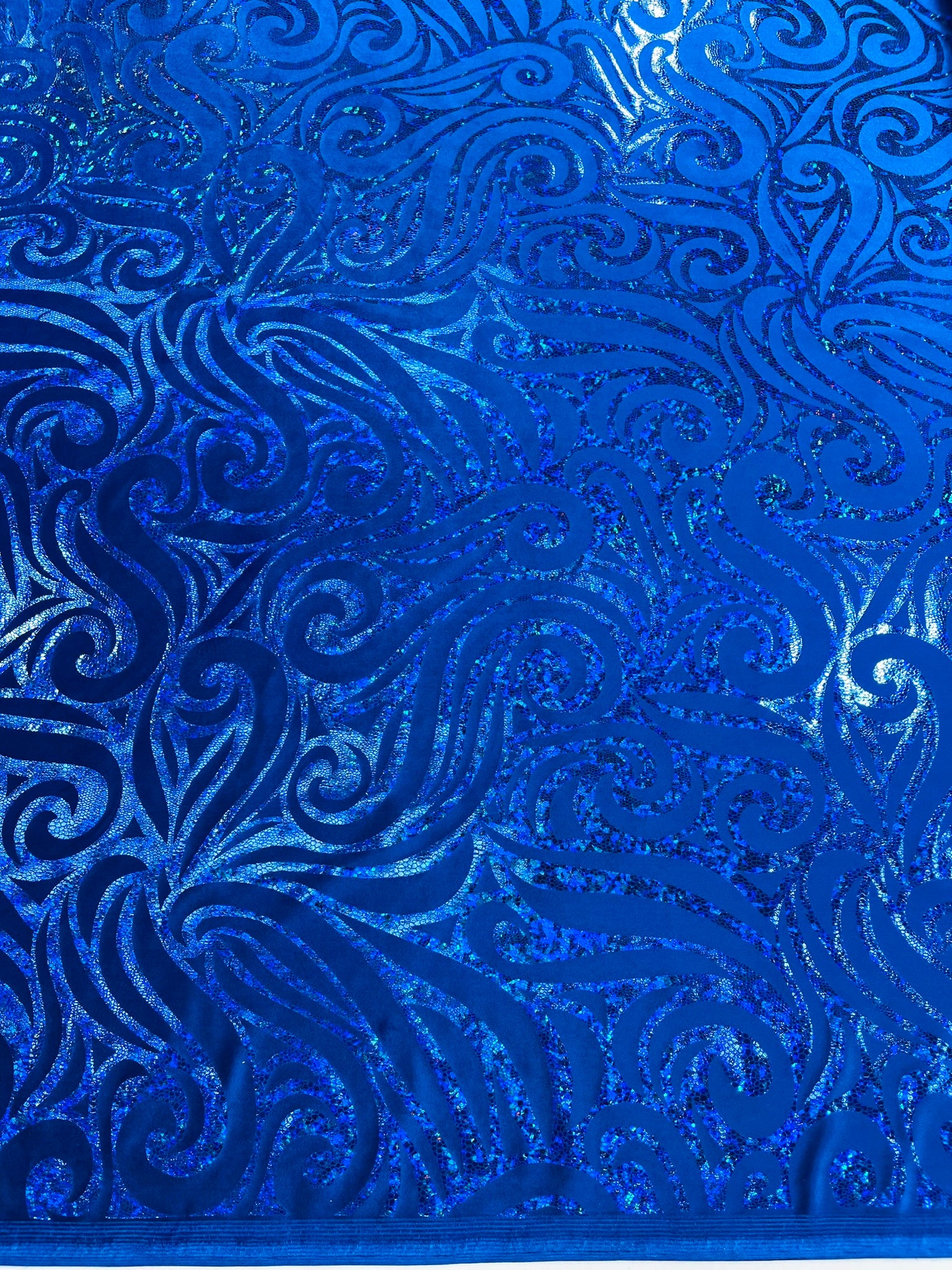 Holographic Foil Tribal Flame Design On A Stretch Velvet Fabric. Sold By The Yard