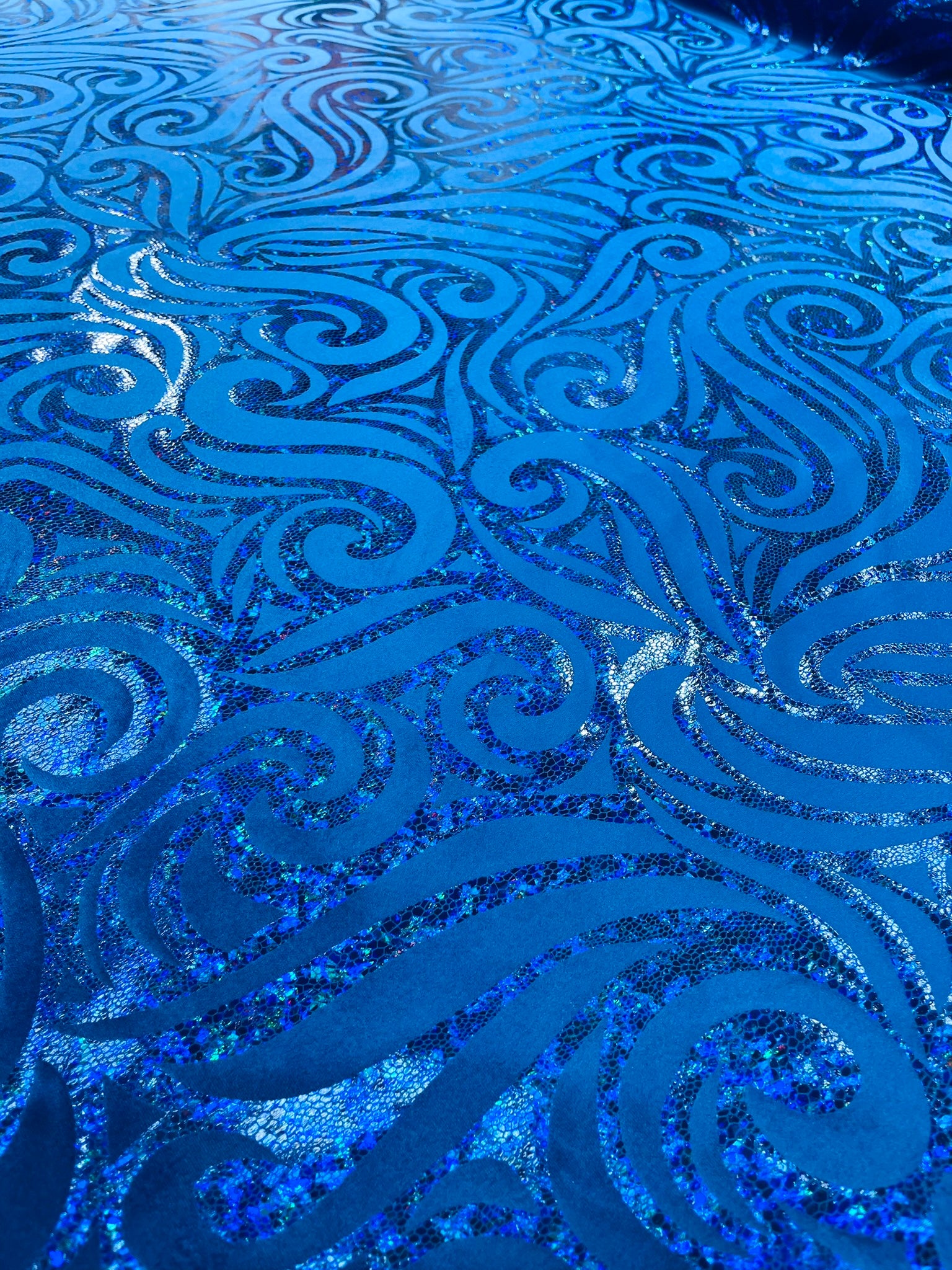 Holographic Foil Tribal Flame Design On A Stretch Velvet Fabric. Sold By The Yard