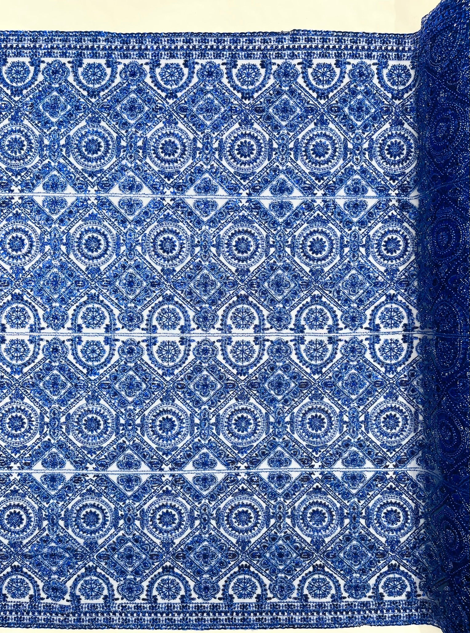 Geometric Beaded Lace Fabric, Heavy Embroidered Design on 58" Mesh for Dresses