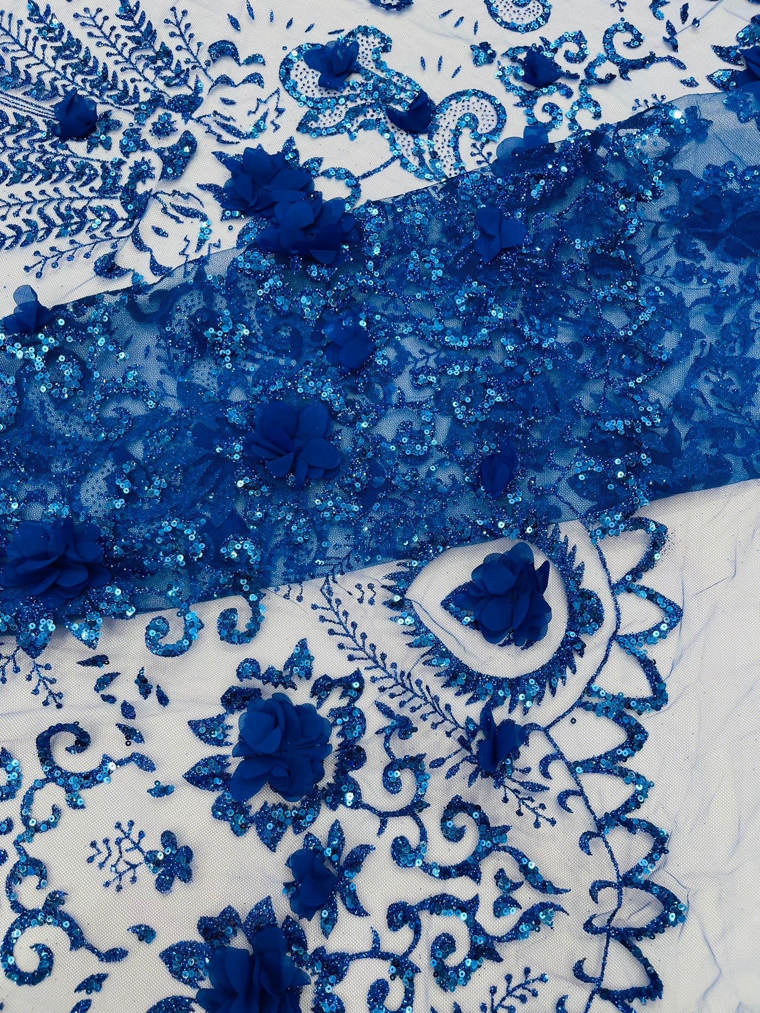 Floral 3D Palm Damask with glitter in a Mesh Lace- Sold by the yard