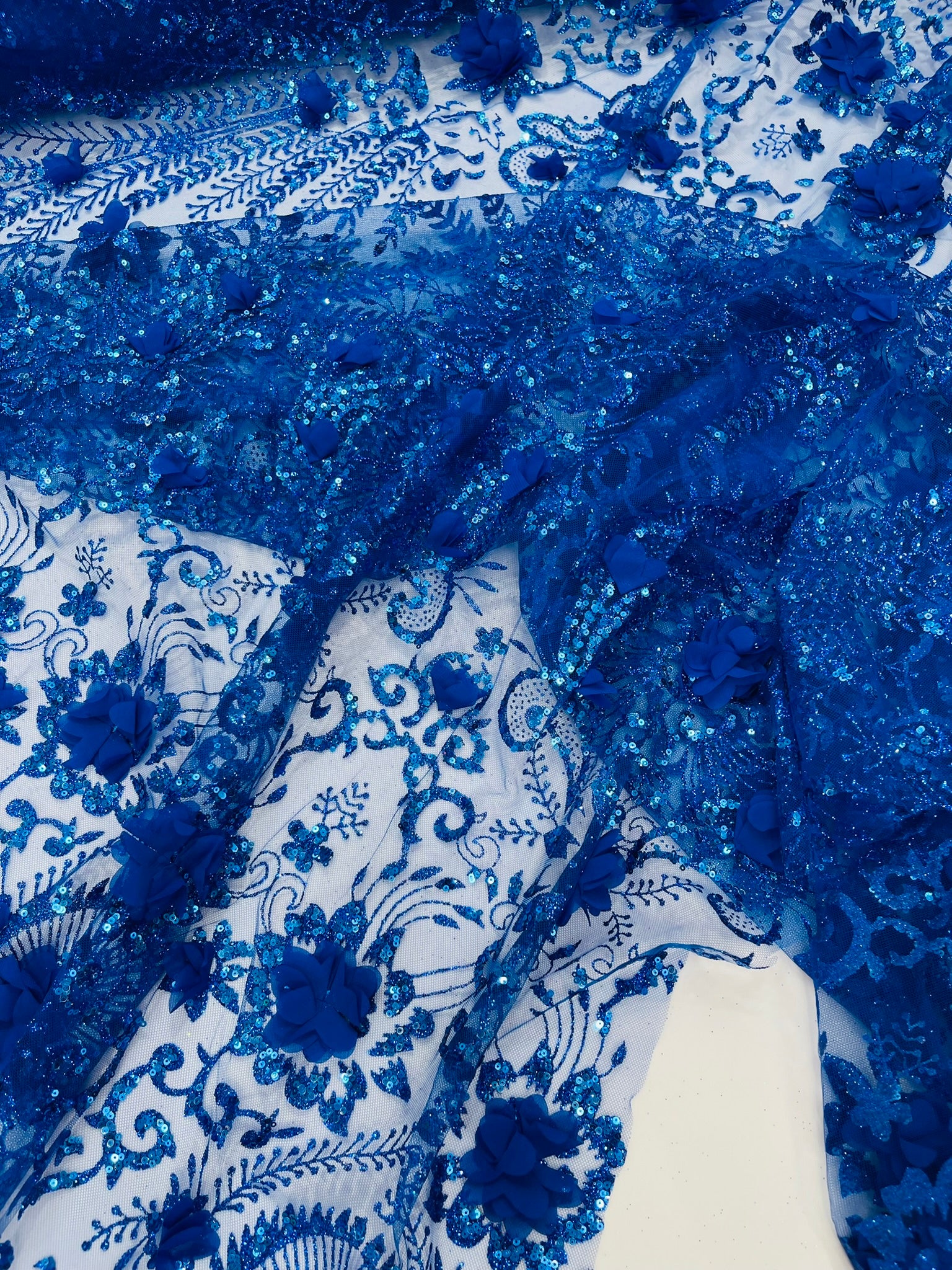Floral 3D Palm Damask with glitter in a Mesh Lace- Sold by the yard