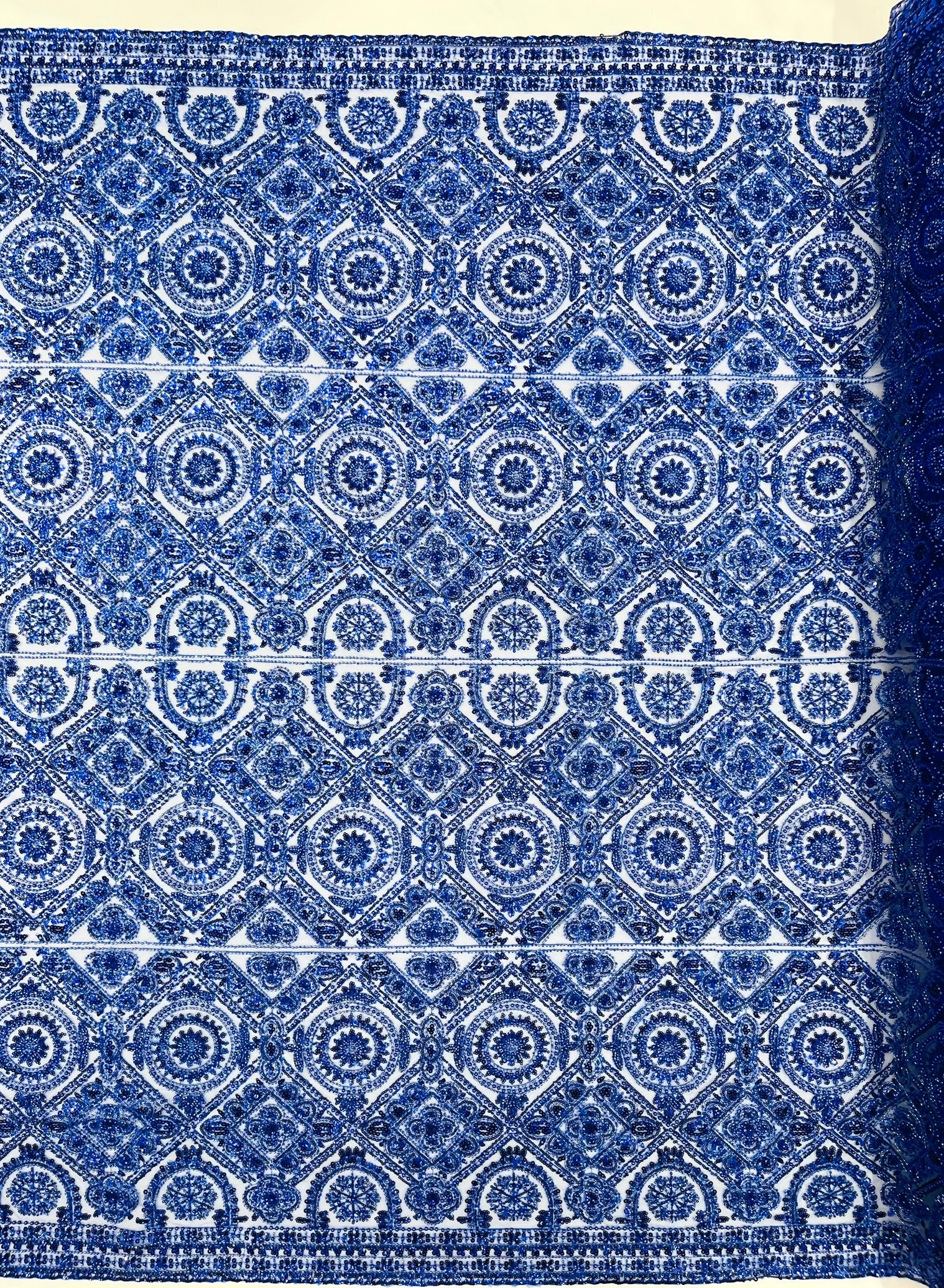 Geometric Beaded Lace Fabric, Heavy Embroidered Design on 58" Mesh for Dresses