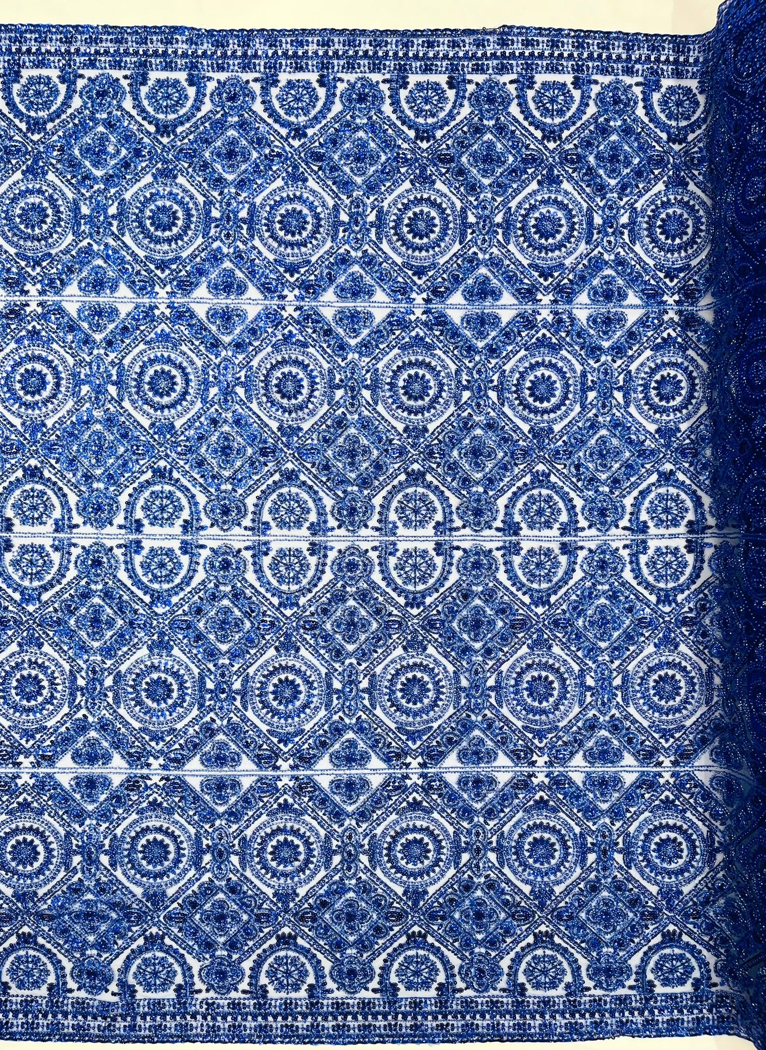 Geometric Beaded Lace Fabric, Heavy Embroidered Design on 58" Mesh for Dresses