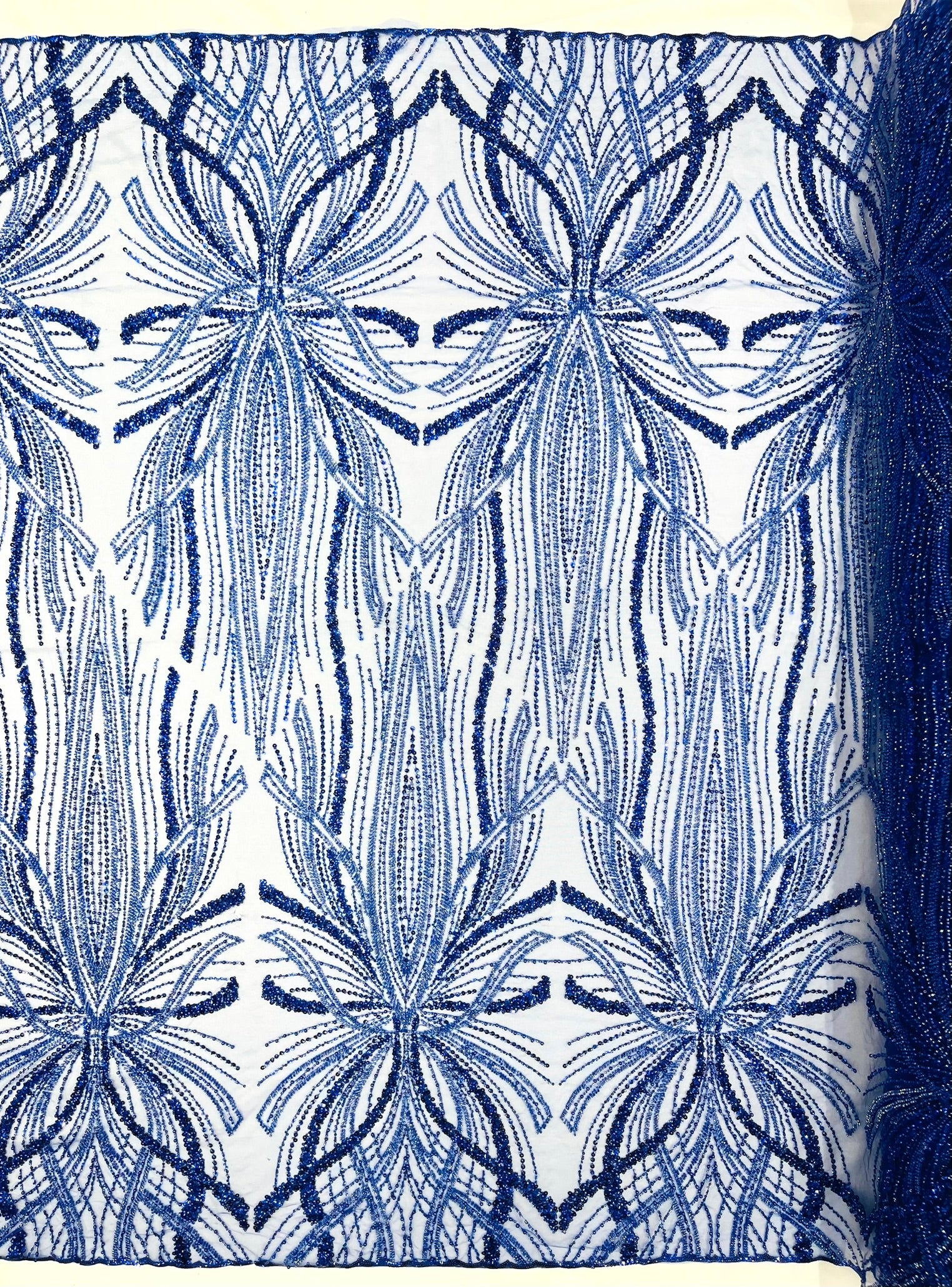 Palm Beaded Lace Fabric, Heavy Embroidered Design on 58" Mesh for Dresses