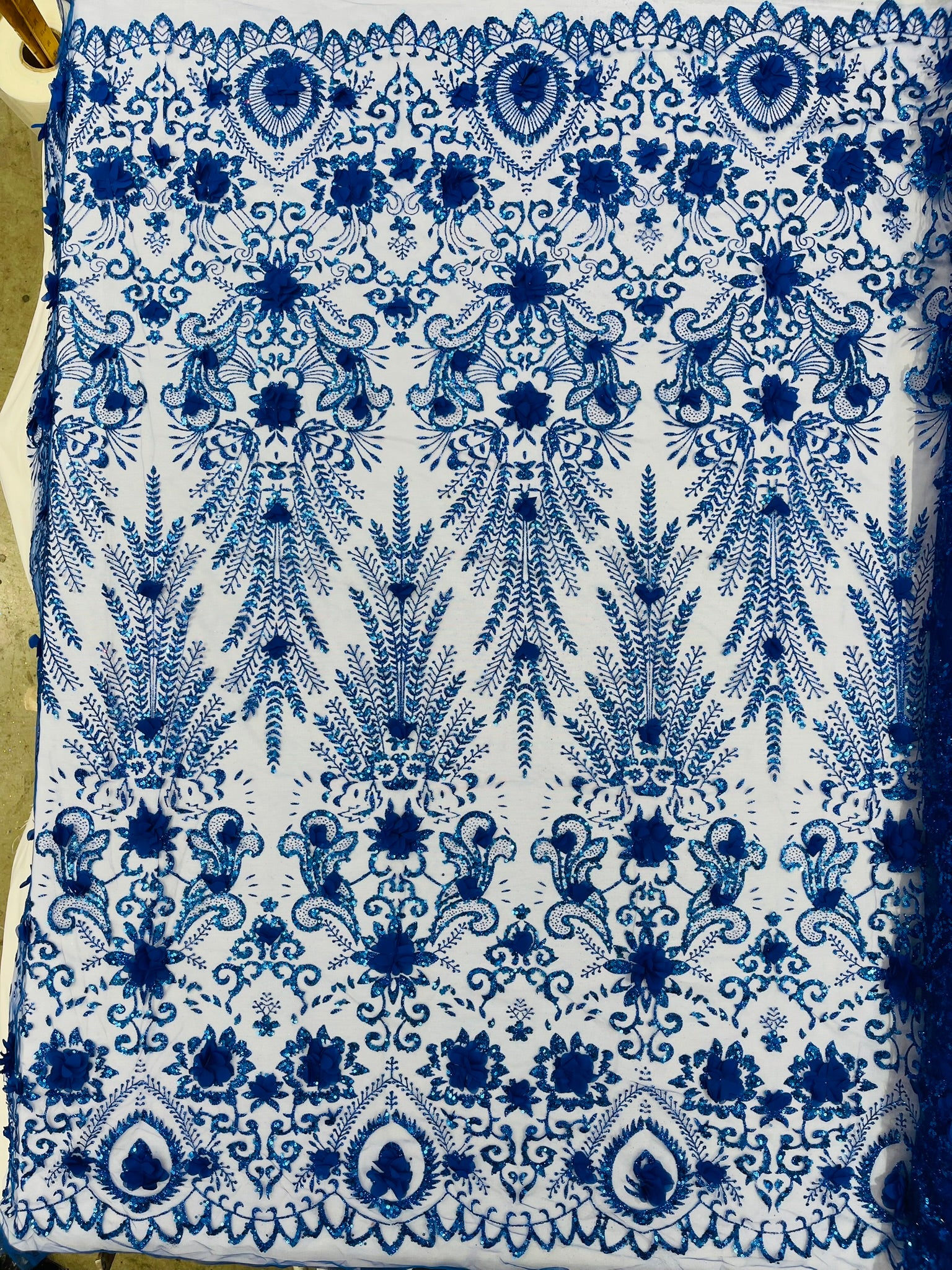 Floral 3D Palm Damask with glitter in a Mesh Lace- Sold by the yard