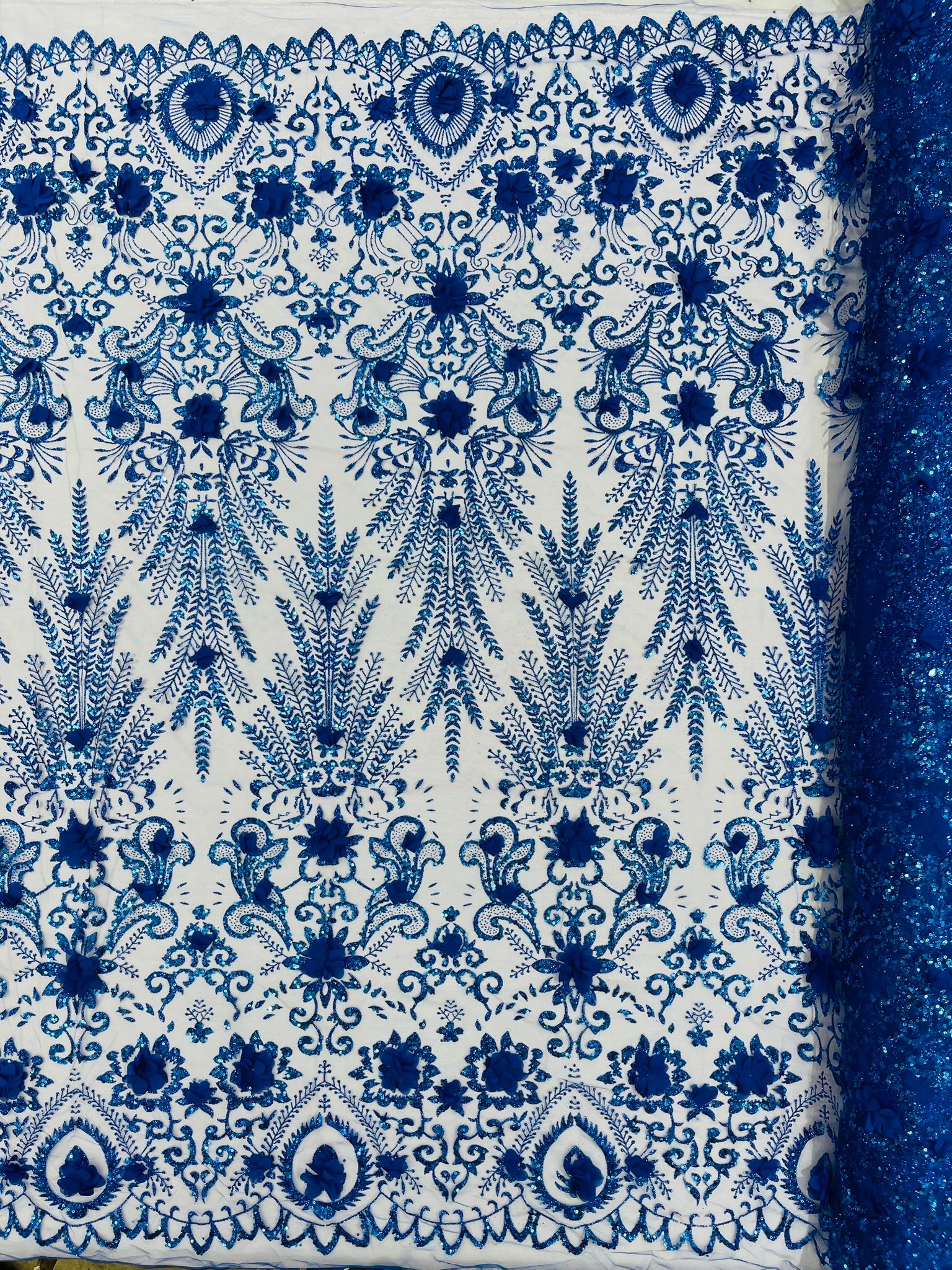 Floral 3D Palm Damask with glitter in a Mesh Lace- Sold by the yard