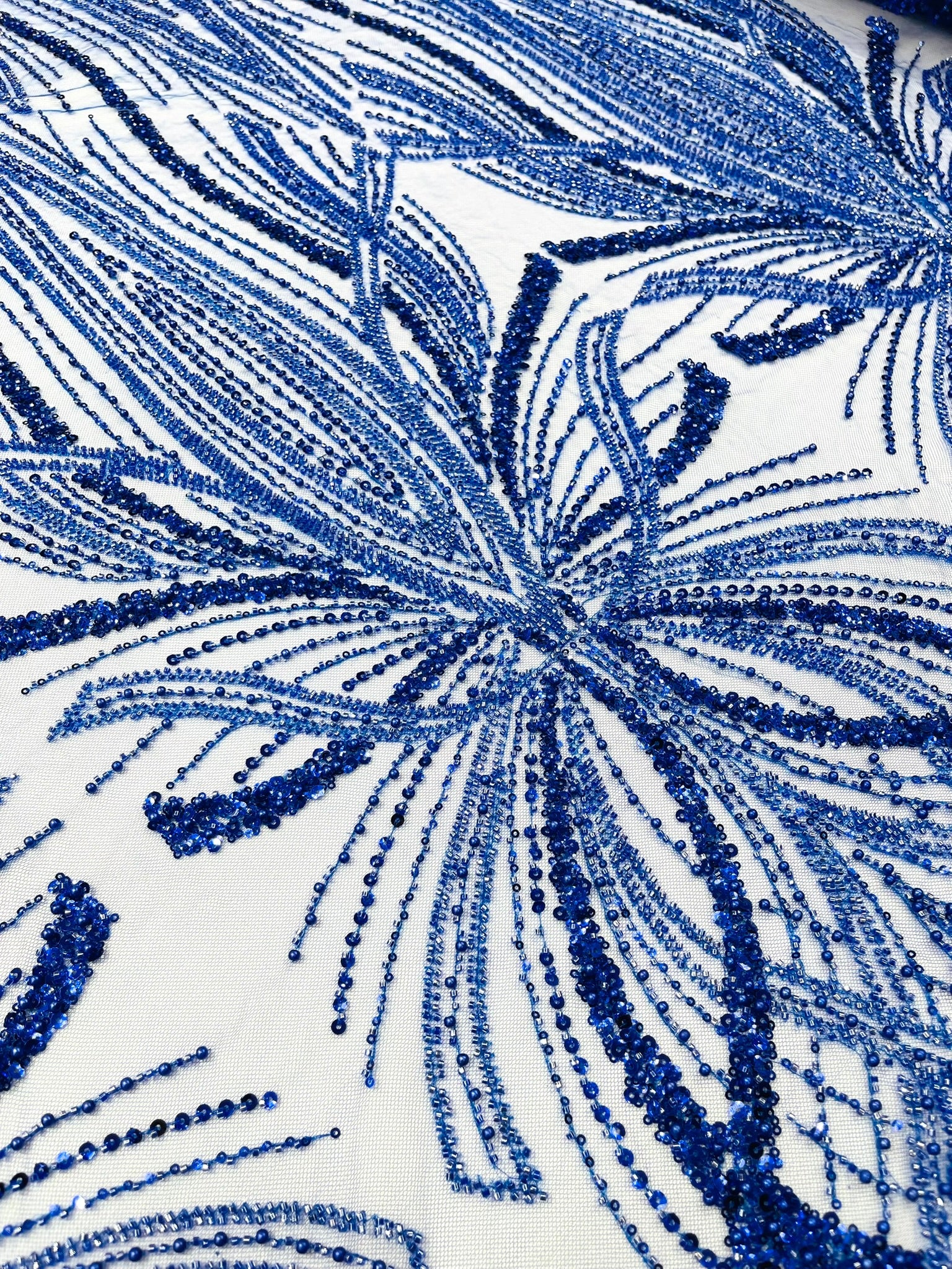 Palm Beaded Lace Fabric, Heavy Embroidered Design on 58" Mesh for Dresses