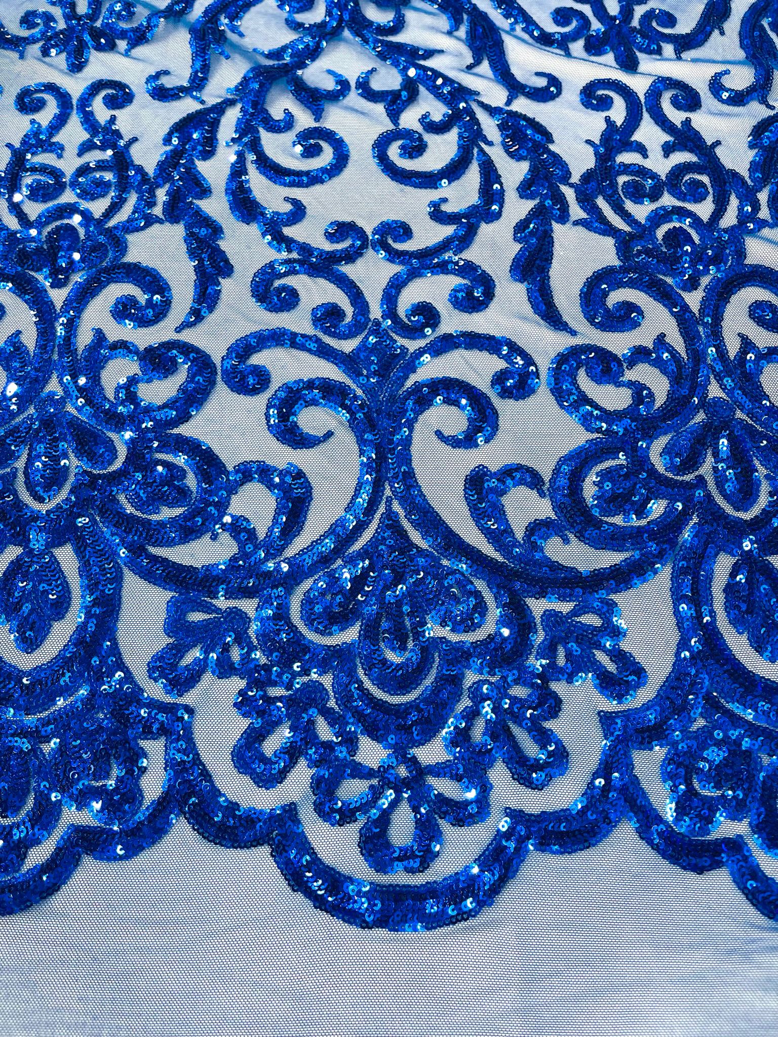 King Damask Design Sequins - 4 Way Stretch Lace Mesh Embroidered Sequins By Yard.