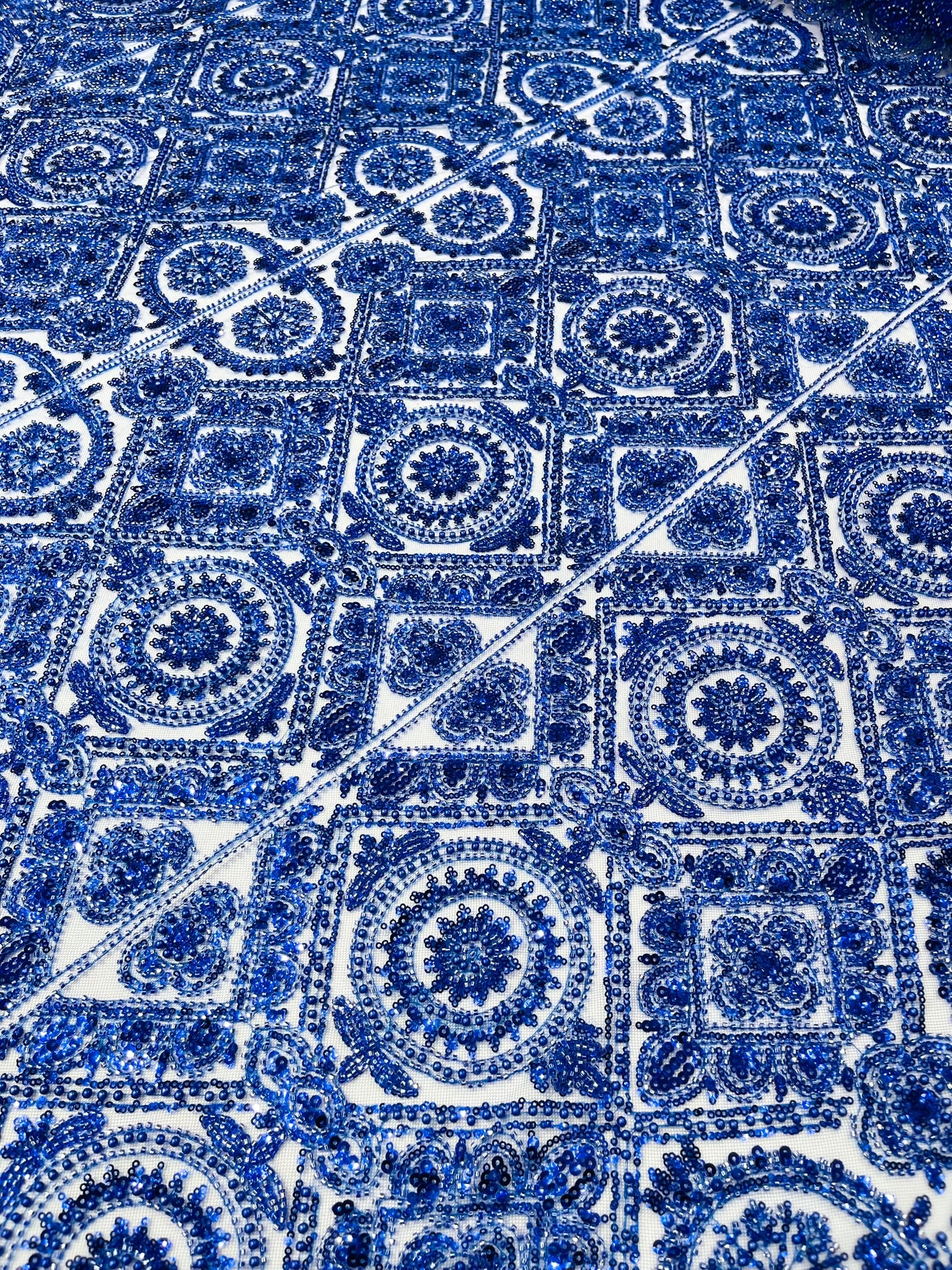 Geometric Beaded Lace Fabric, Heavy Embroidered Design on 58" Mesh for Dresses