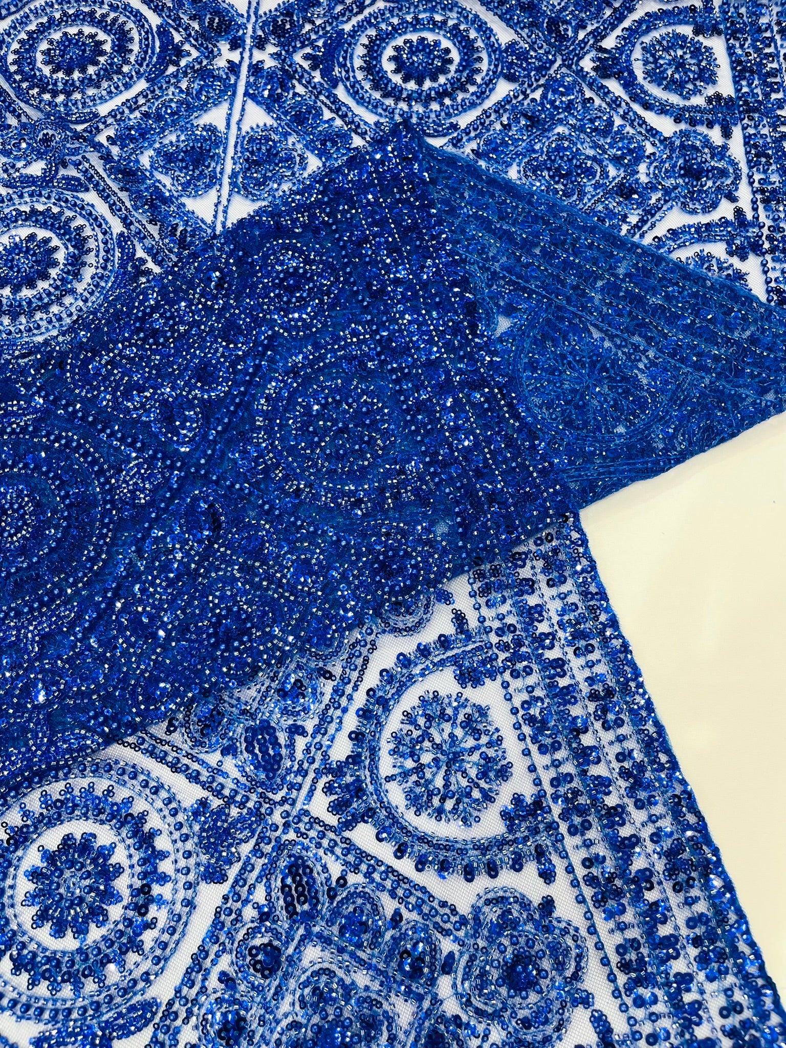 Geometric Beaded Lace Fabric, Heavy Embroidered Design on 58" Mesh for Dresses