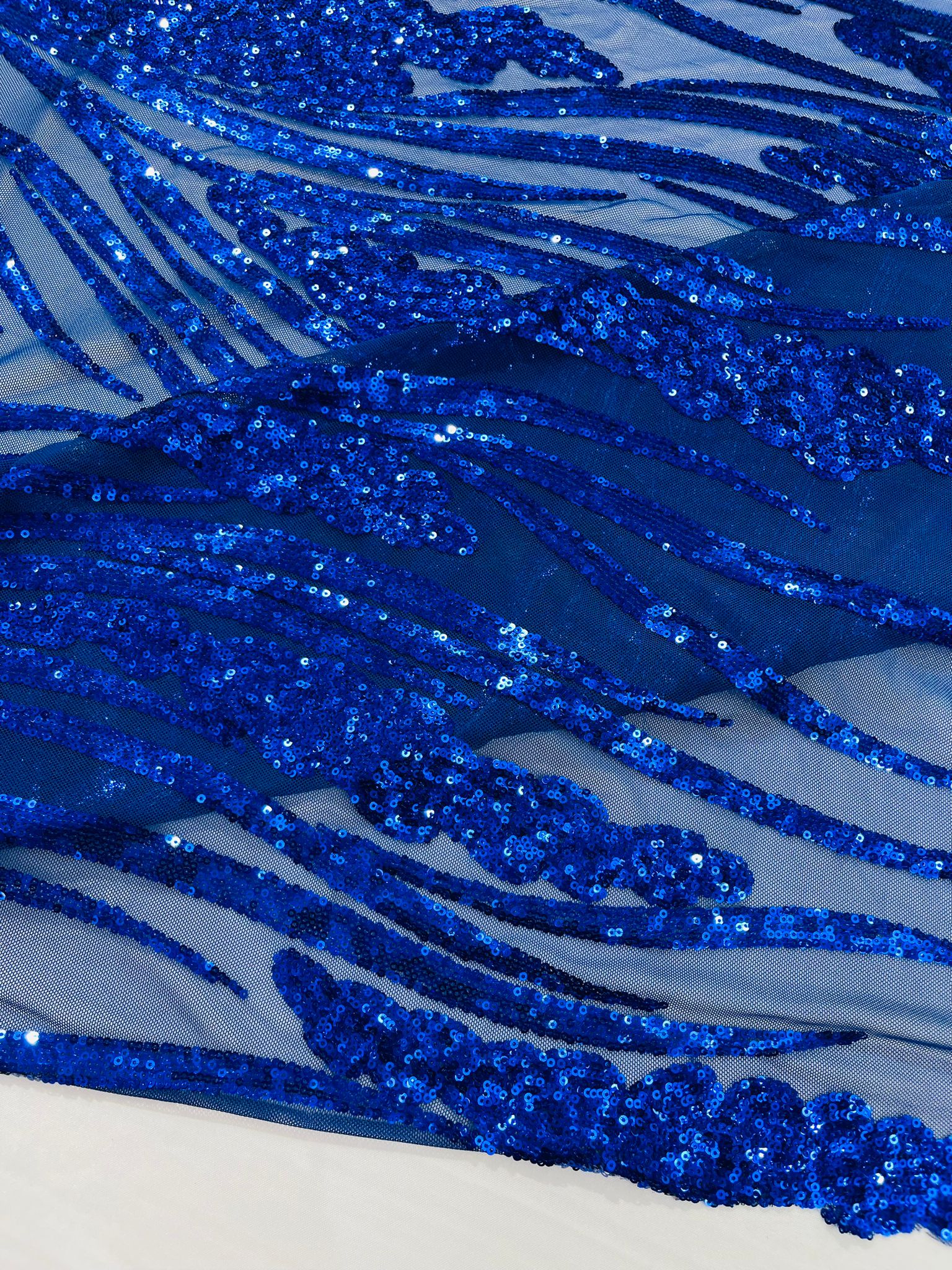 Feather damask shiny sequin design on a 4 way stretch White mesh Fabric-prom-sold by the yard.