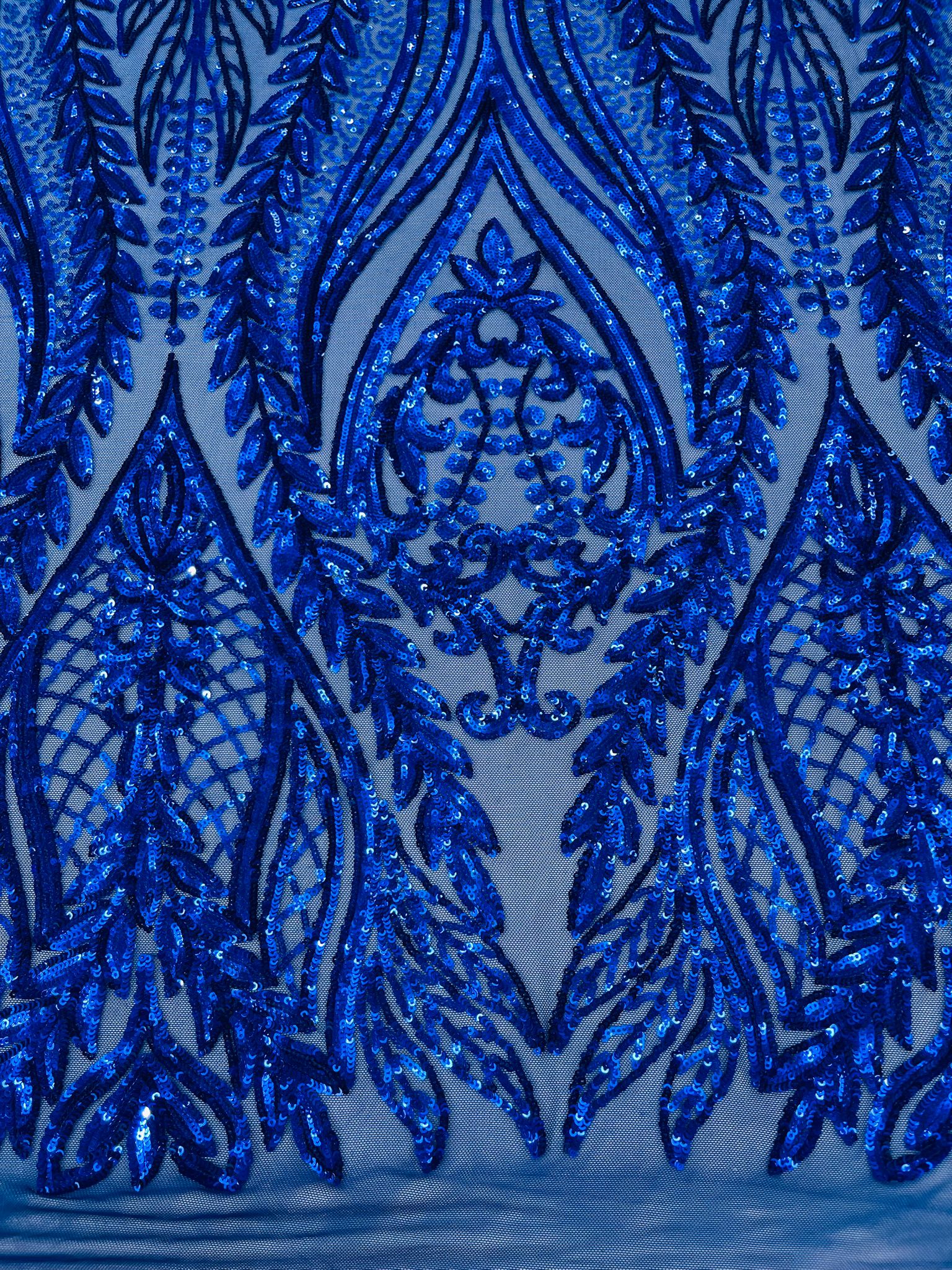 Damask design with sequins embroider on a 4 way stretch mesh fabric.