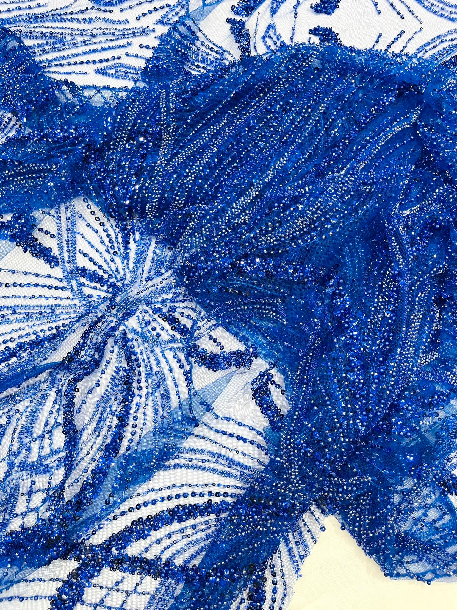 Palm Beaded Lace Fabric, Heavy Embroidered Design on 58" Mesh for Dresses