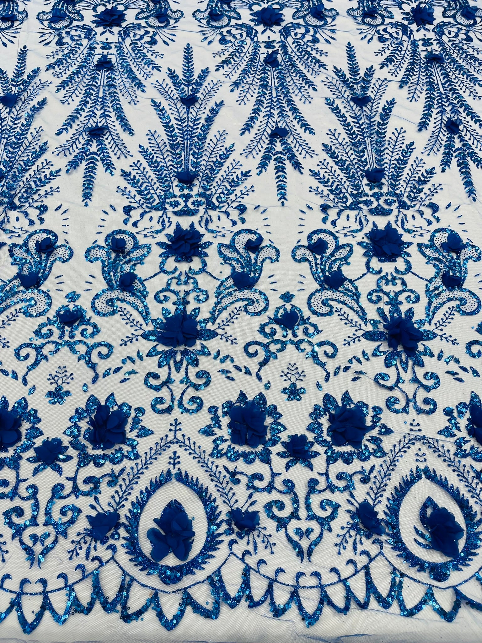 Floral 3D Palm Damask with glitter in a Mesh Lace- Sold by the yard