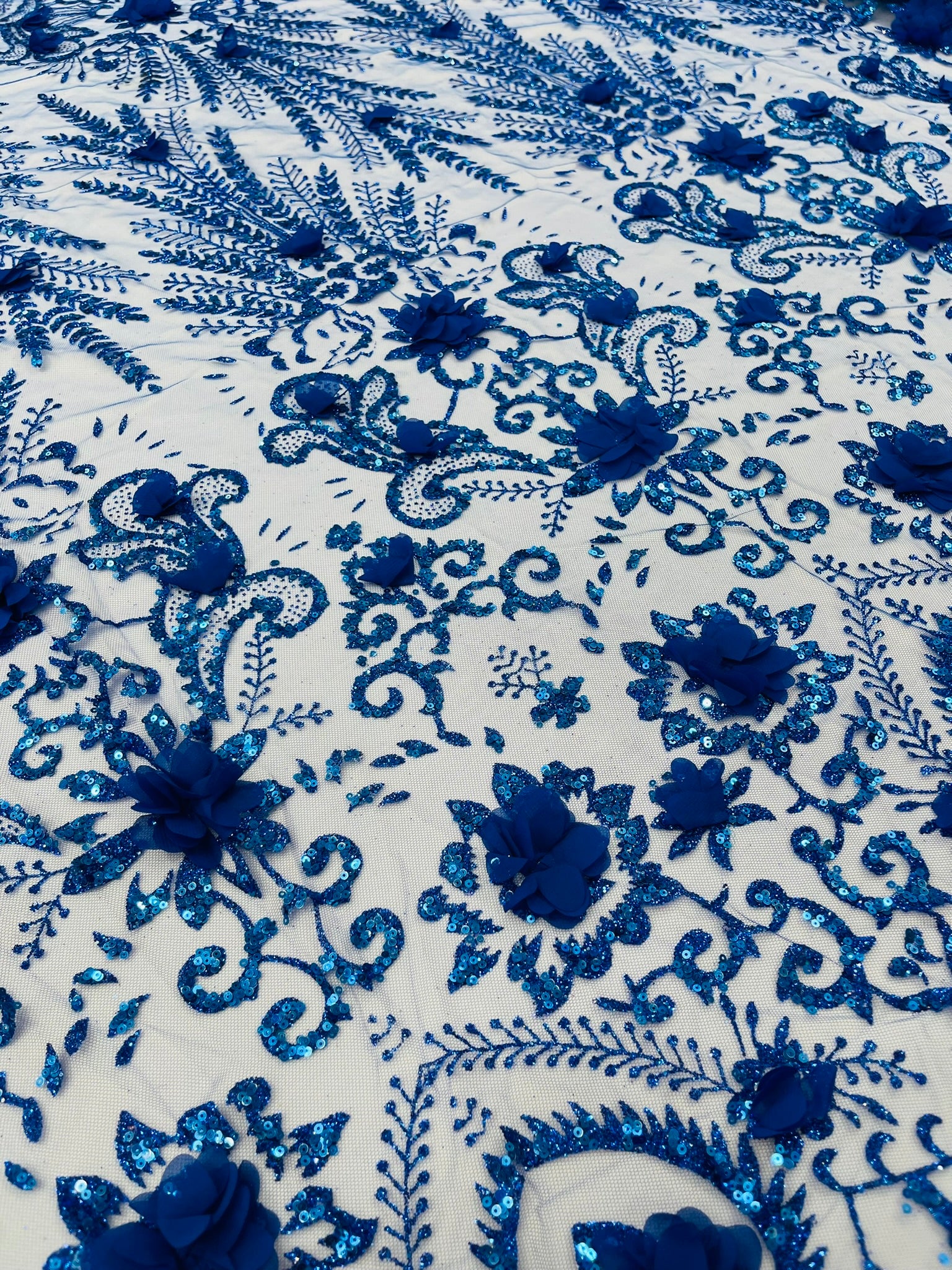 Floral 3D Palm Damask with glitter in a Mesh Lace- Sold by the yard