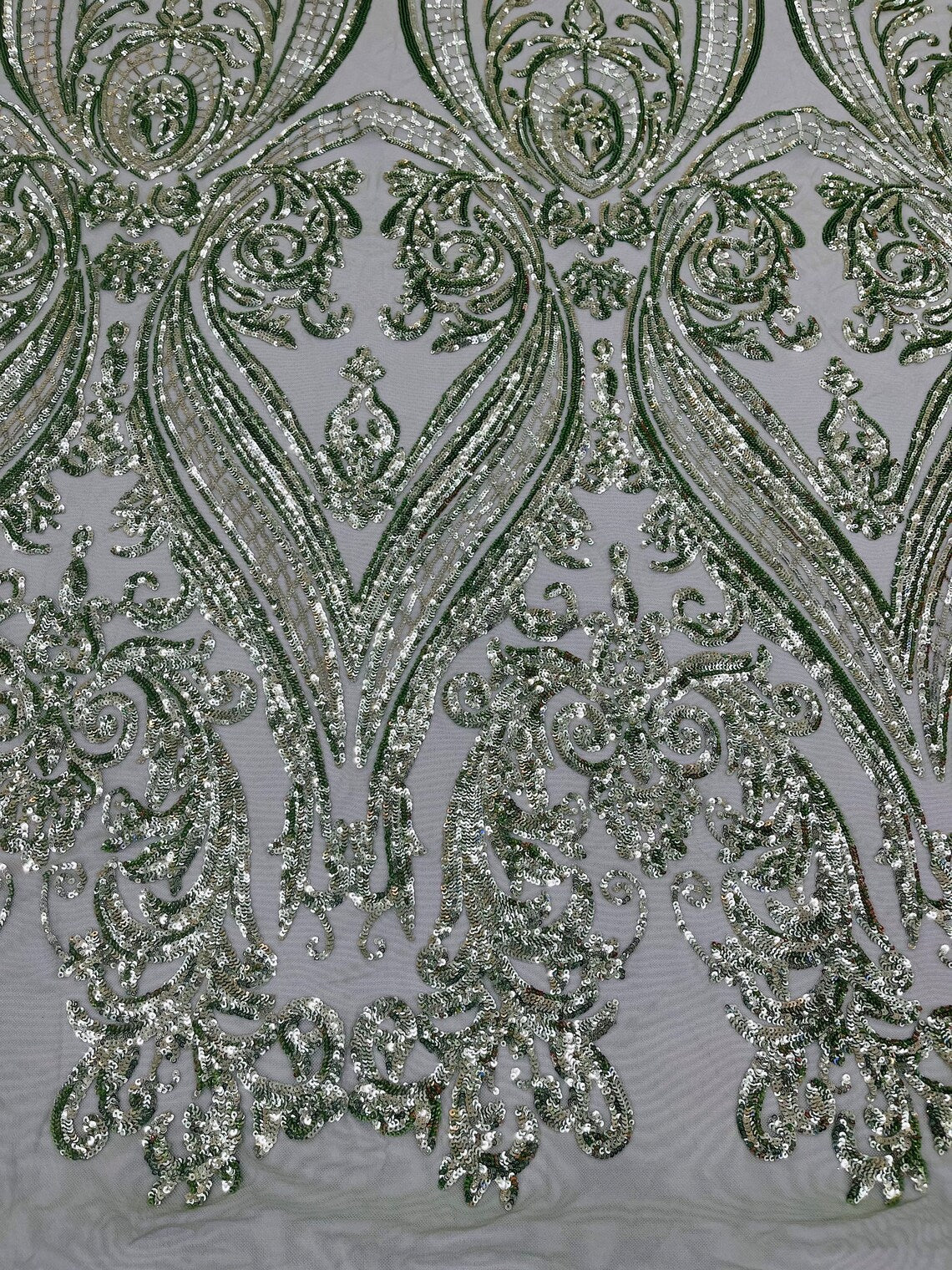 Big Damask 4 Way Sequins - Sage Green - Embroidered Damask Design Sequins Fabric Sold By Yard