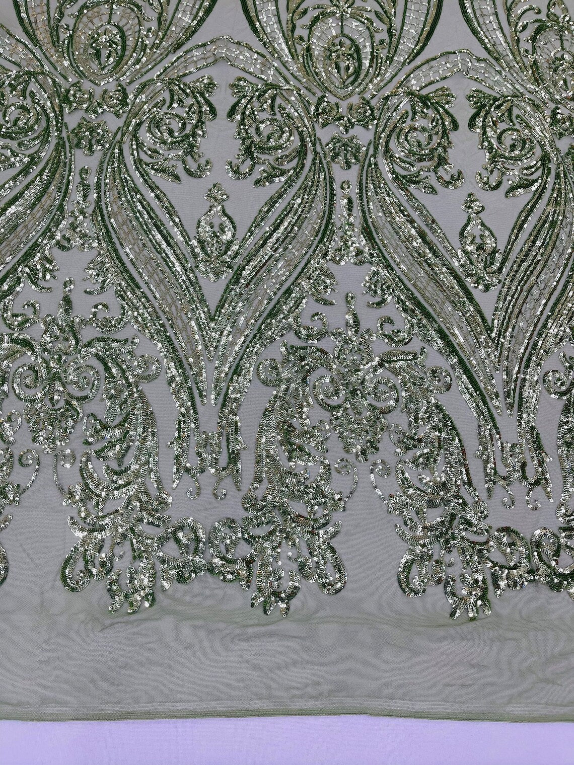 Big Damask 4 Way Sequins - Sage Green - Embroidered Damask Design Sequins Fabric Sold By Yard