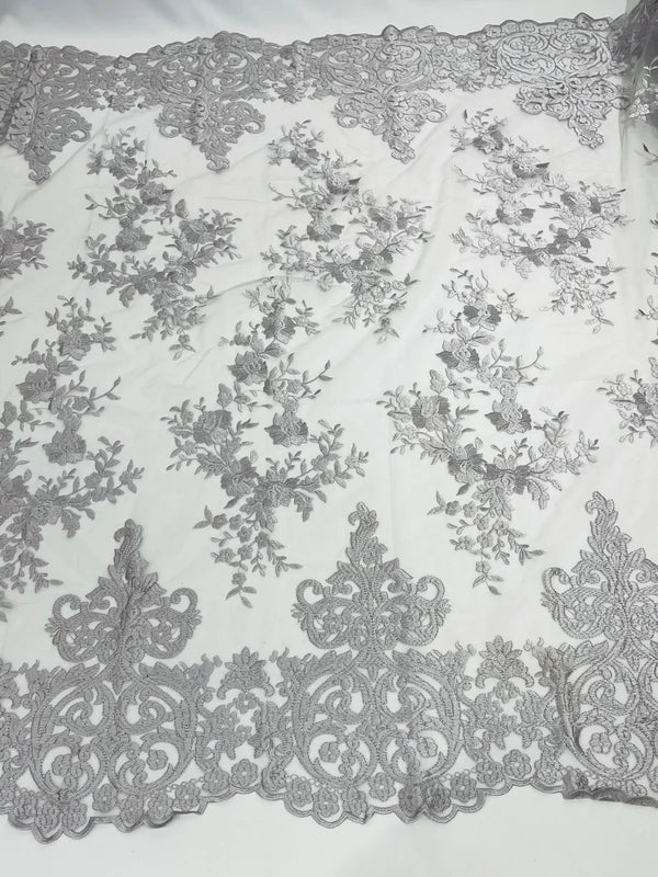 Damask Design Lace Fabric - Silver - Embroidered Damask Fancy Beautiful Design Lace Fabric By Yard